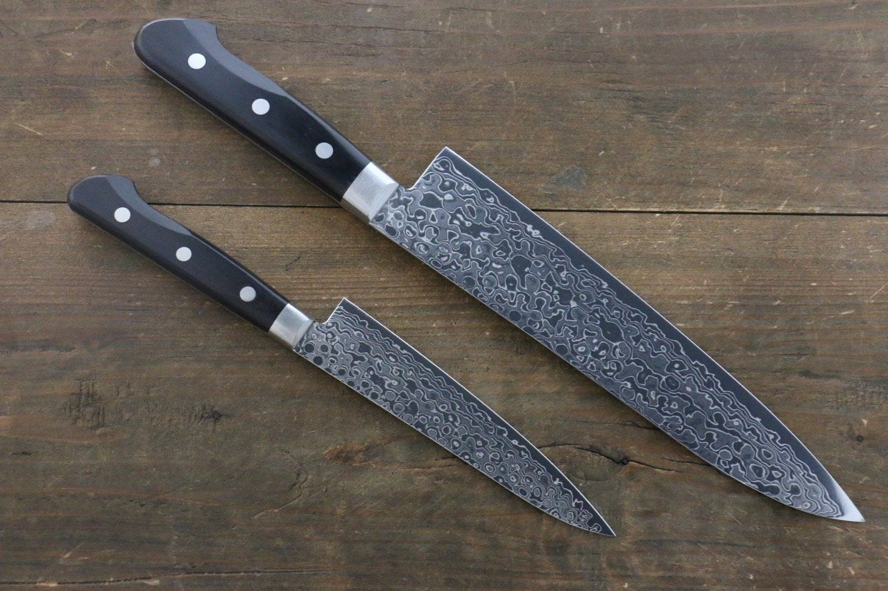 Sakai Takayuki AUS10 45 Layer Mirrored Damascus Gyuto 210mm & Petty 135mm Knife Set - Seisuke Knife