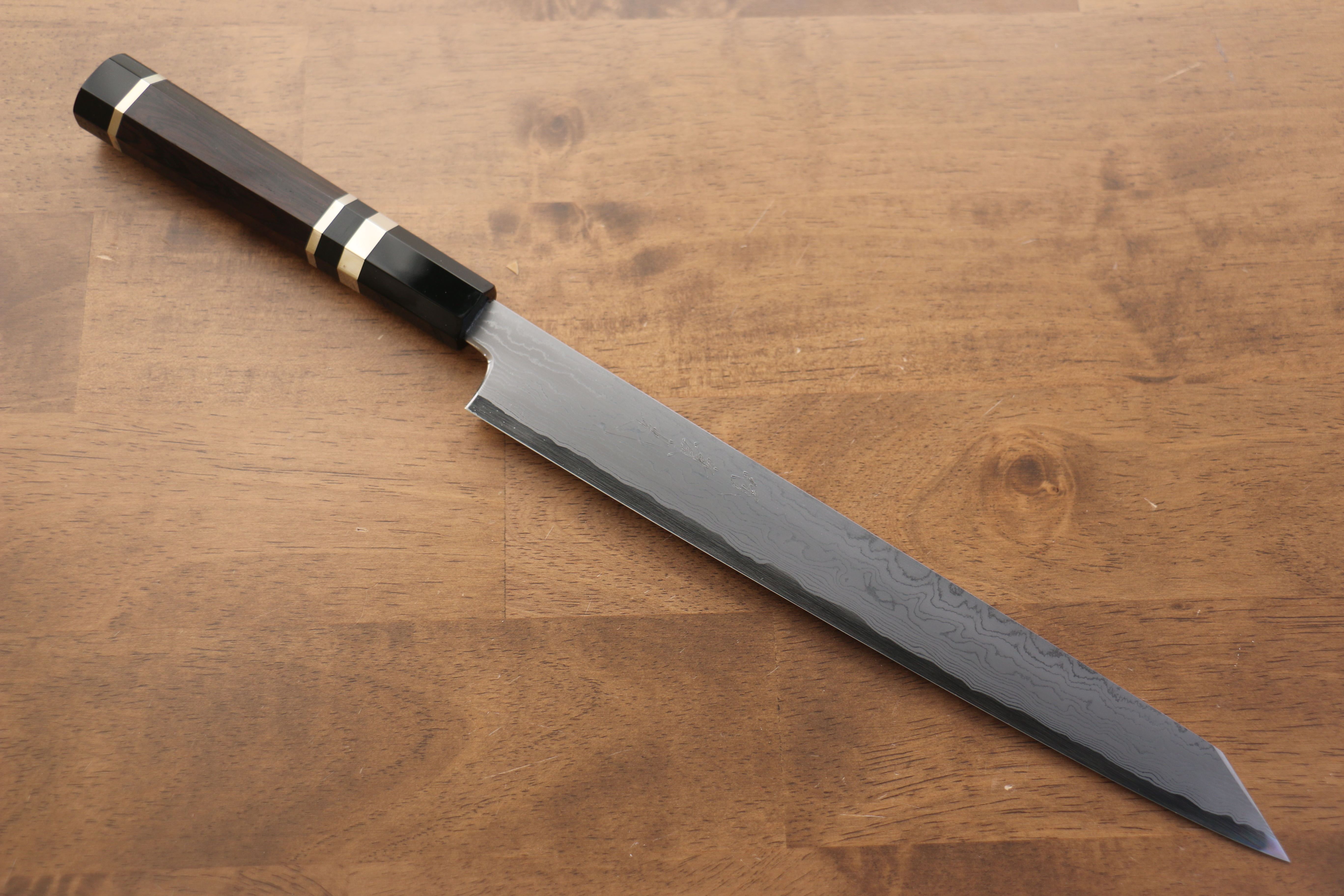 Jikko Blue Steel Damascus Kiritsuke Sujihiki 270mm Ebony with Double Ring Handle - Seisuke Knife
