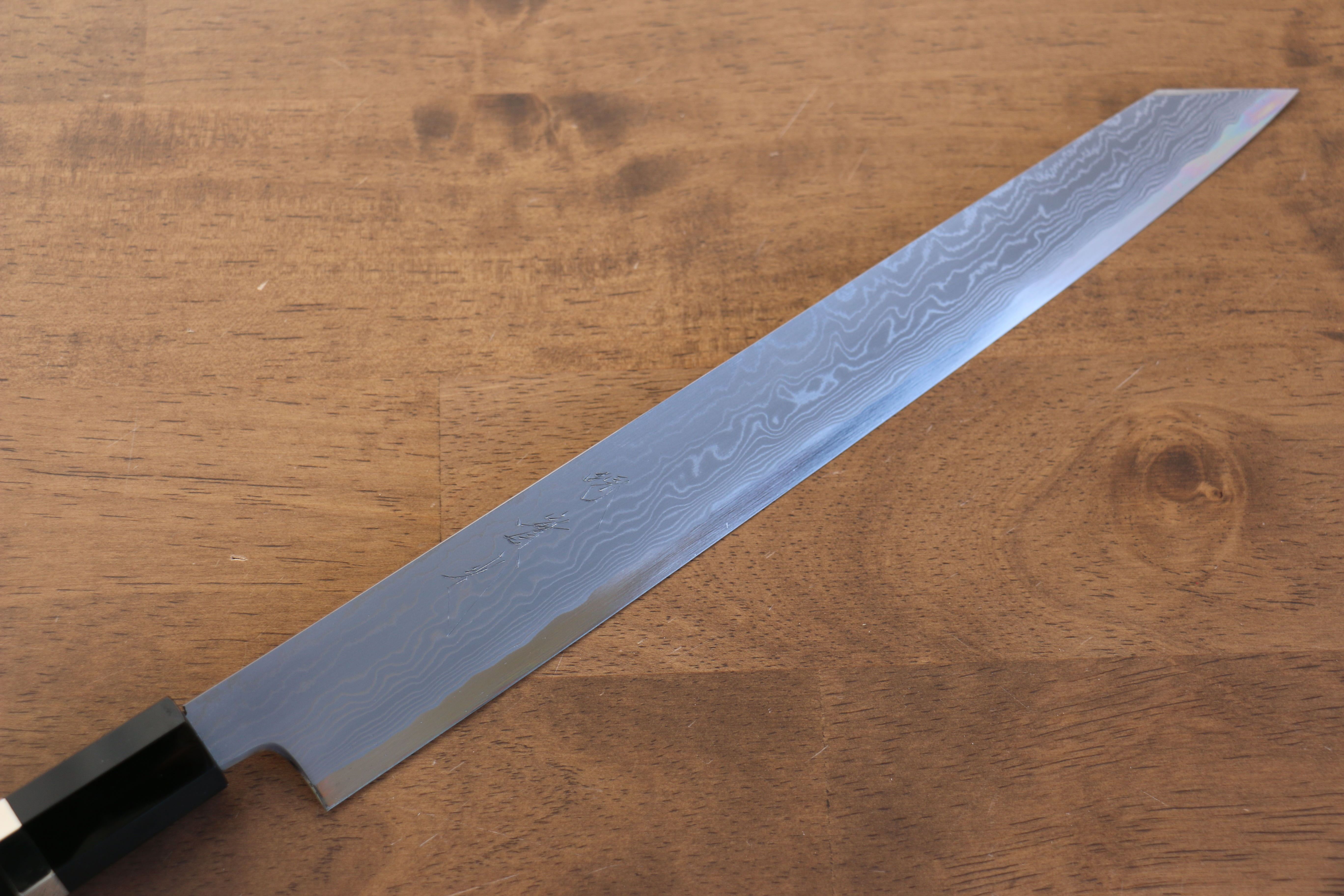 Jikko Blue Steel Damascus Kiritsuke Sujihiki 270mm Ebony with Double Ring Handle - Seisuke Knife