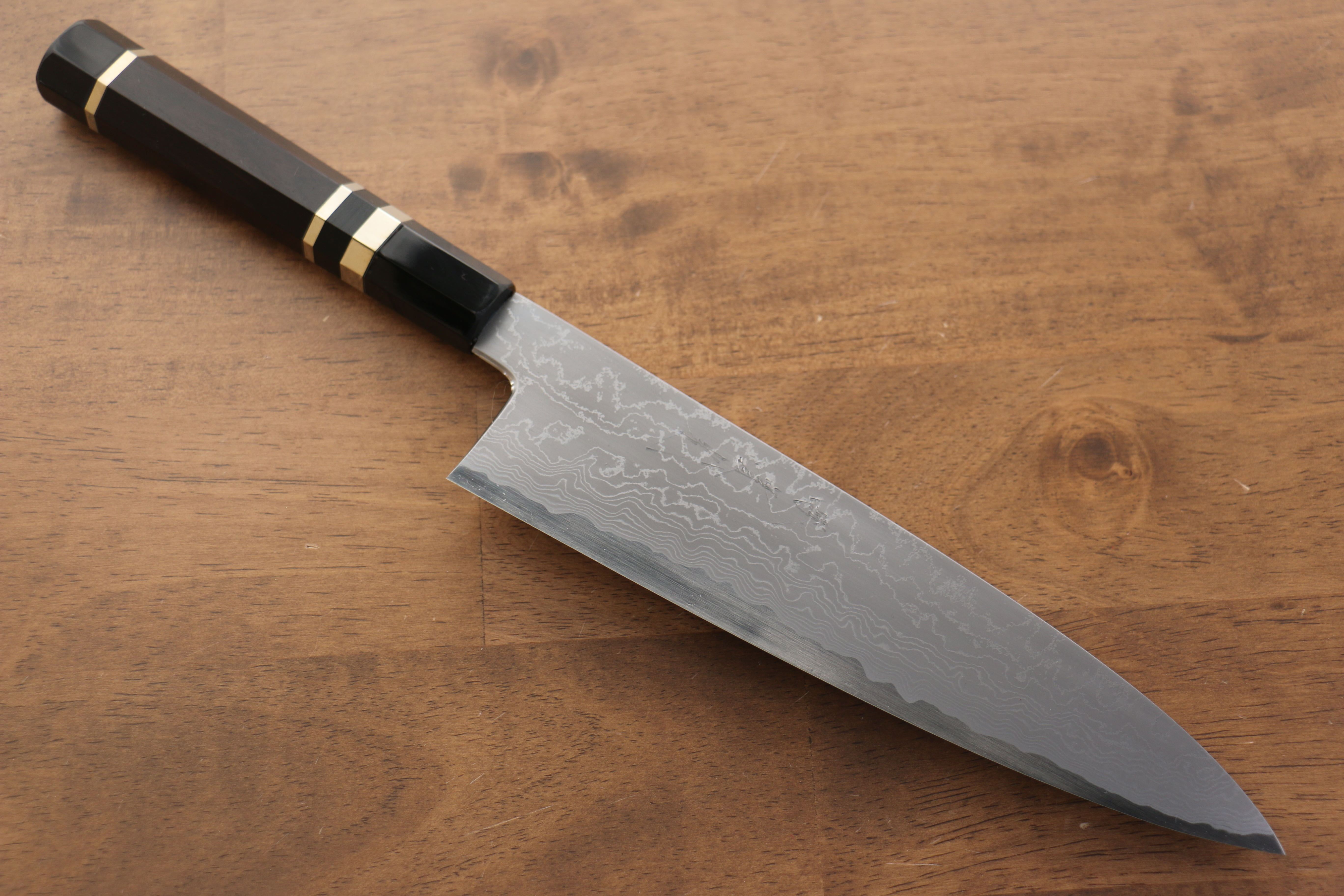 Jikko Blue Steel Damascus Gyuto 210mm Ebony with Double Ring Handle - Seisuke Knife