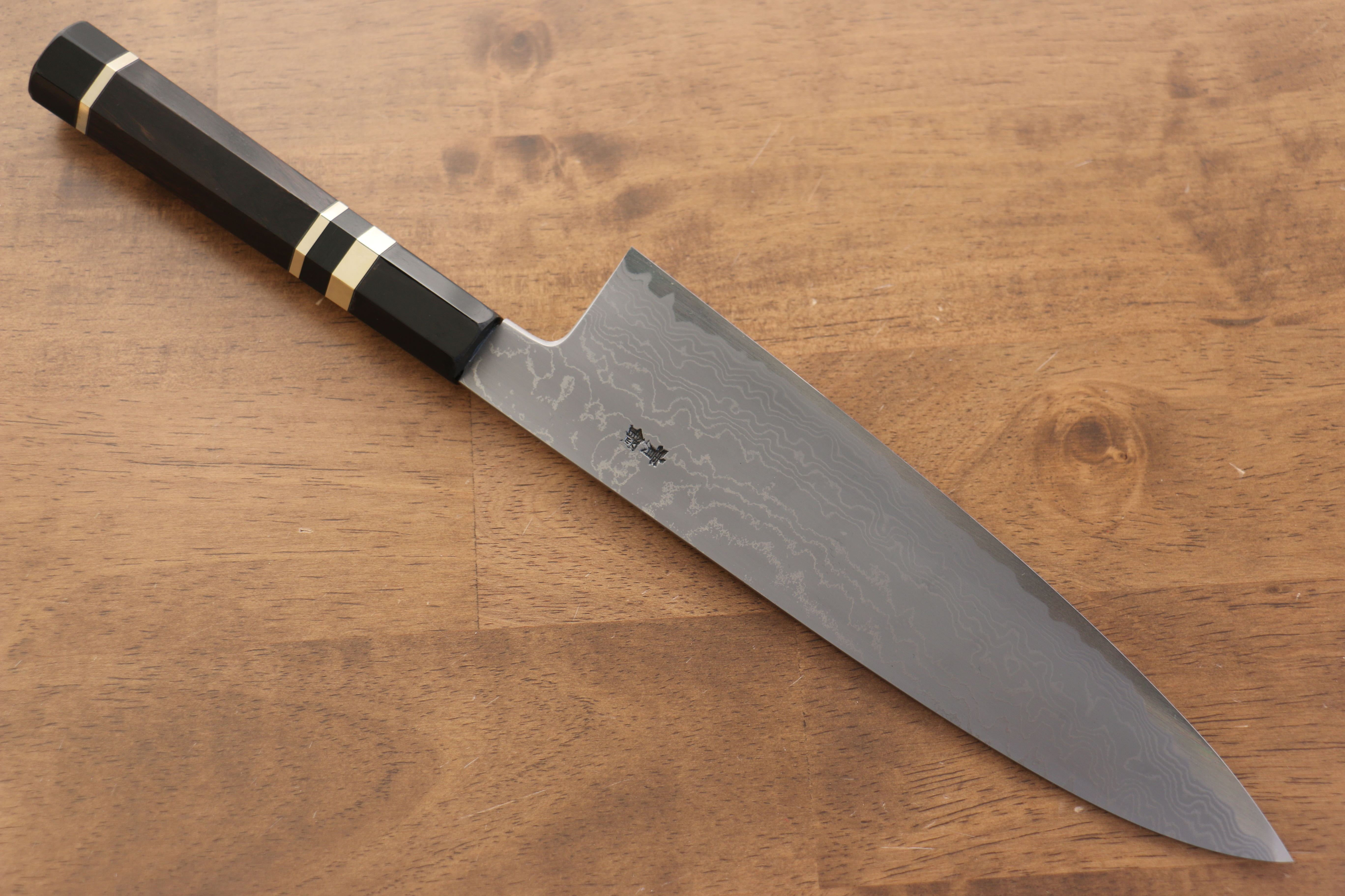Jikko Blue Steel Damascus Gyuto 210mm Ebony with Double Ring Handle - Seisuke Knife