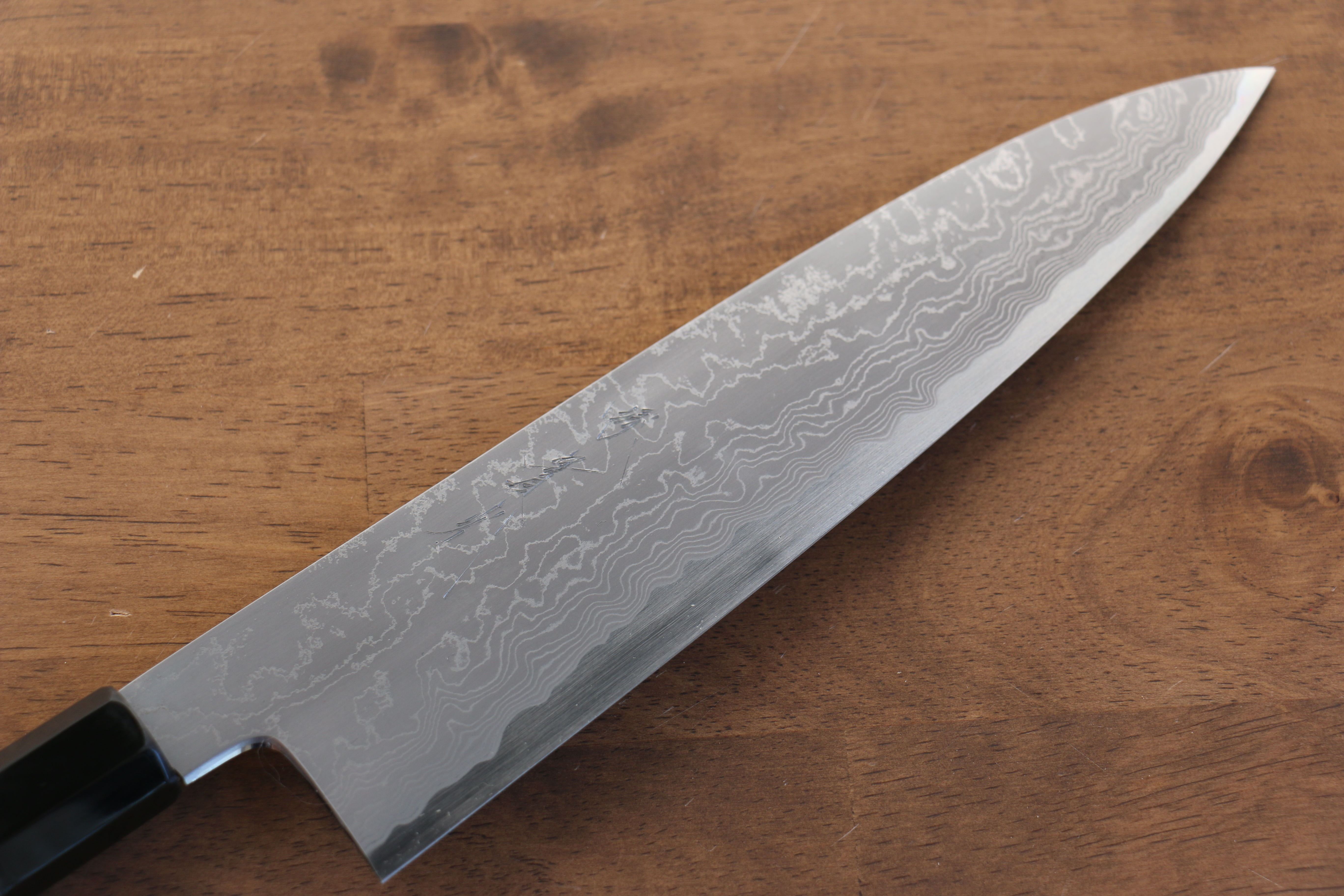 Jikko Blue Steel Damascus Gyuto 210mm Ebony with Double Ring Handle - Seisuke Knife