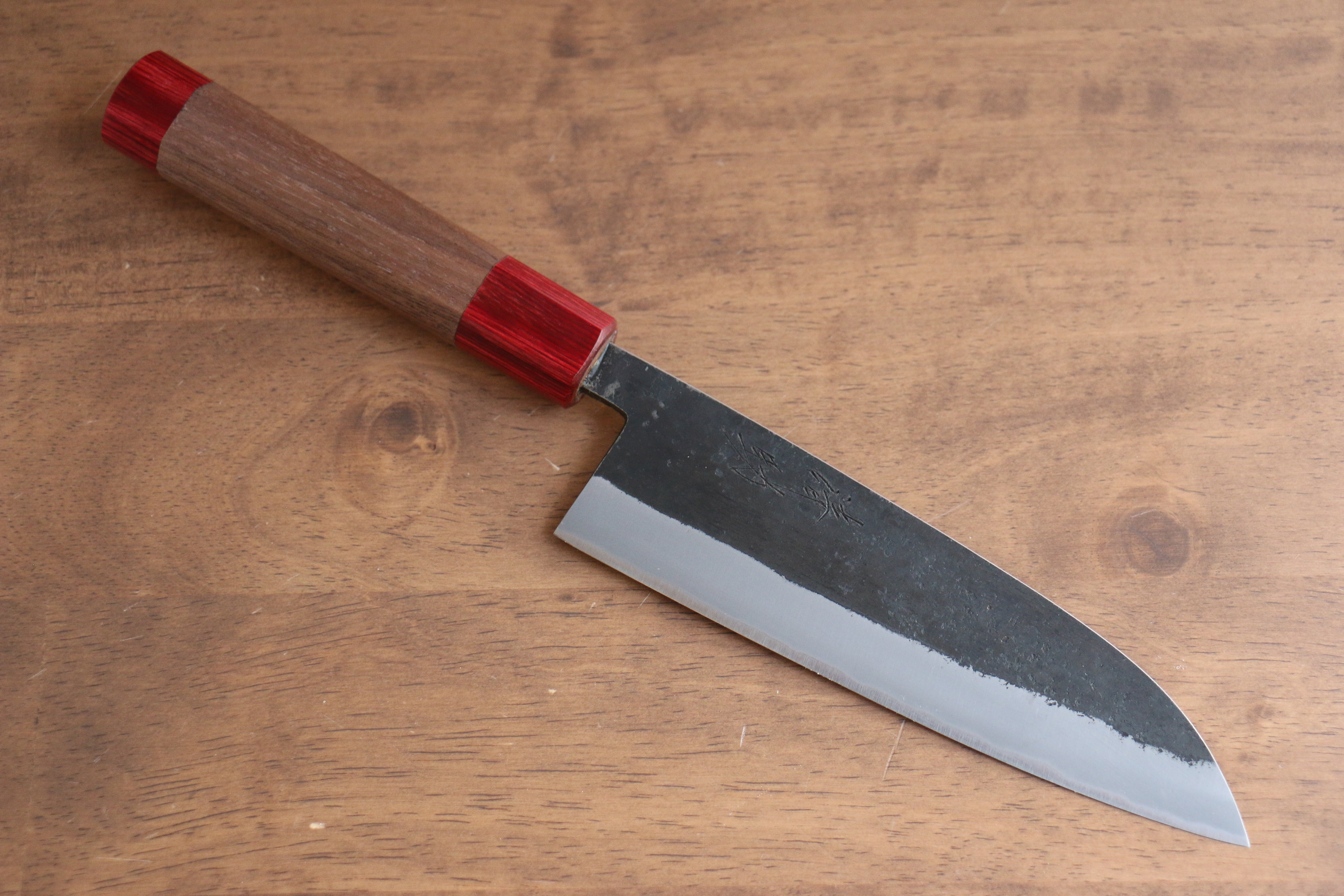 Seisuke Kurumi Blue Steel Kurouchi Santoku 165mm Walnut (With Double Red Pakka wood) Handle - Seisuke Knife