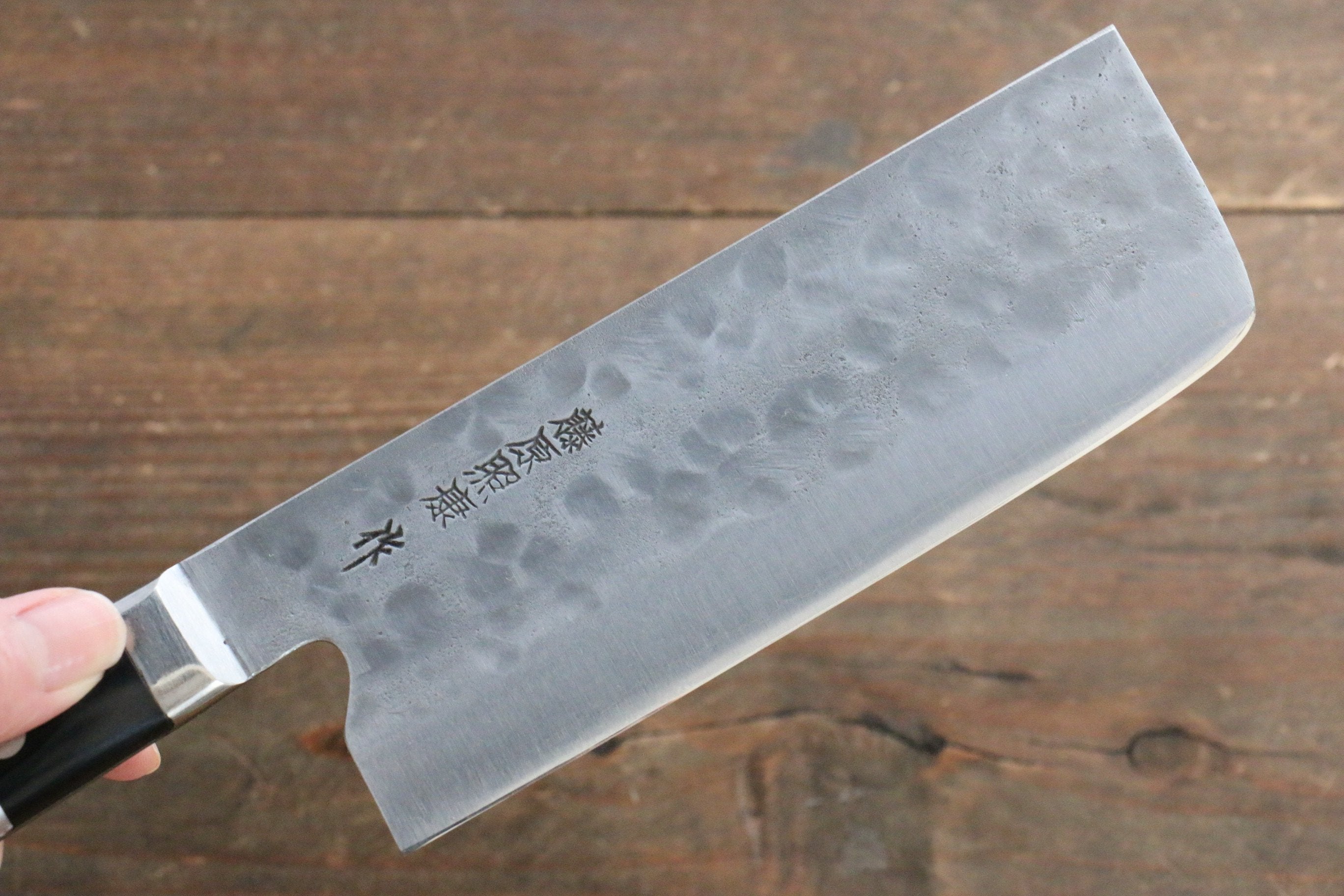 Fujiwara Teruyasu Maboroshi White Steel No.1 Nashiji Hammered Nakiri 150mm with Black Pakkawood Handle - Seisuke Knife