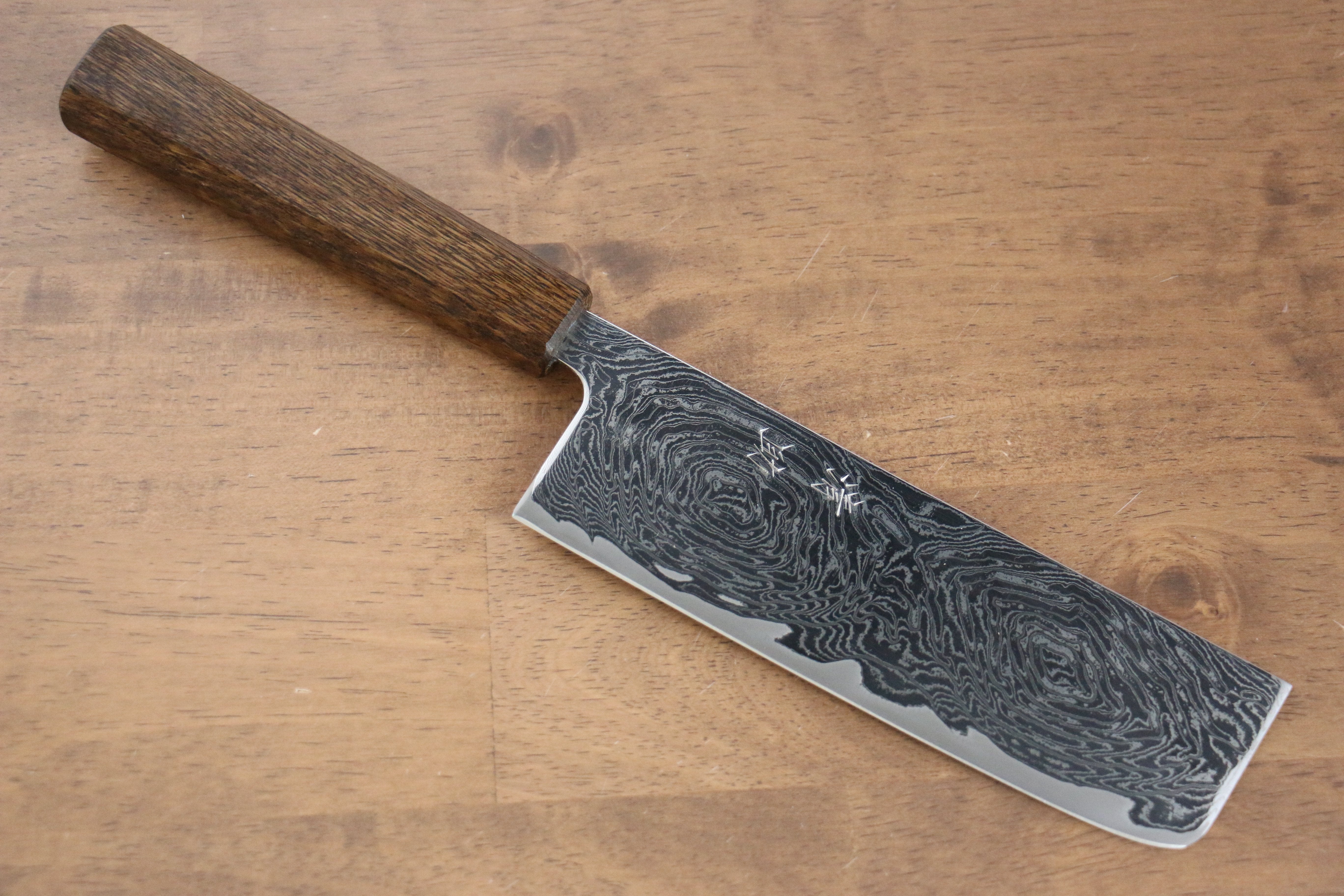 Seisuke Nami AUS10 Mirrored Finish Damascus Nakiri 170mm Oak Handle - Seisuke Knife