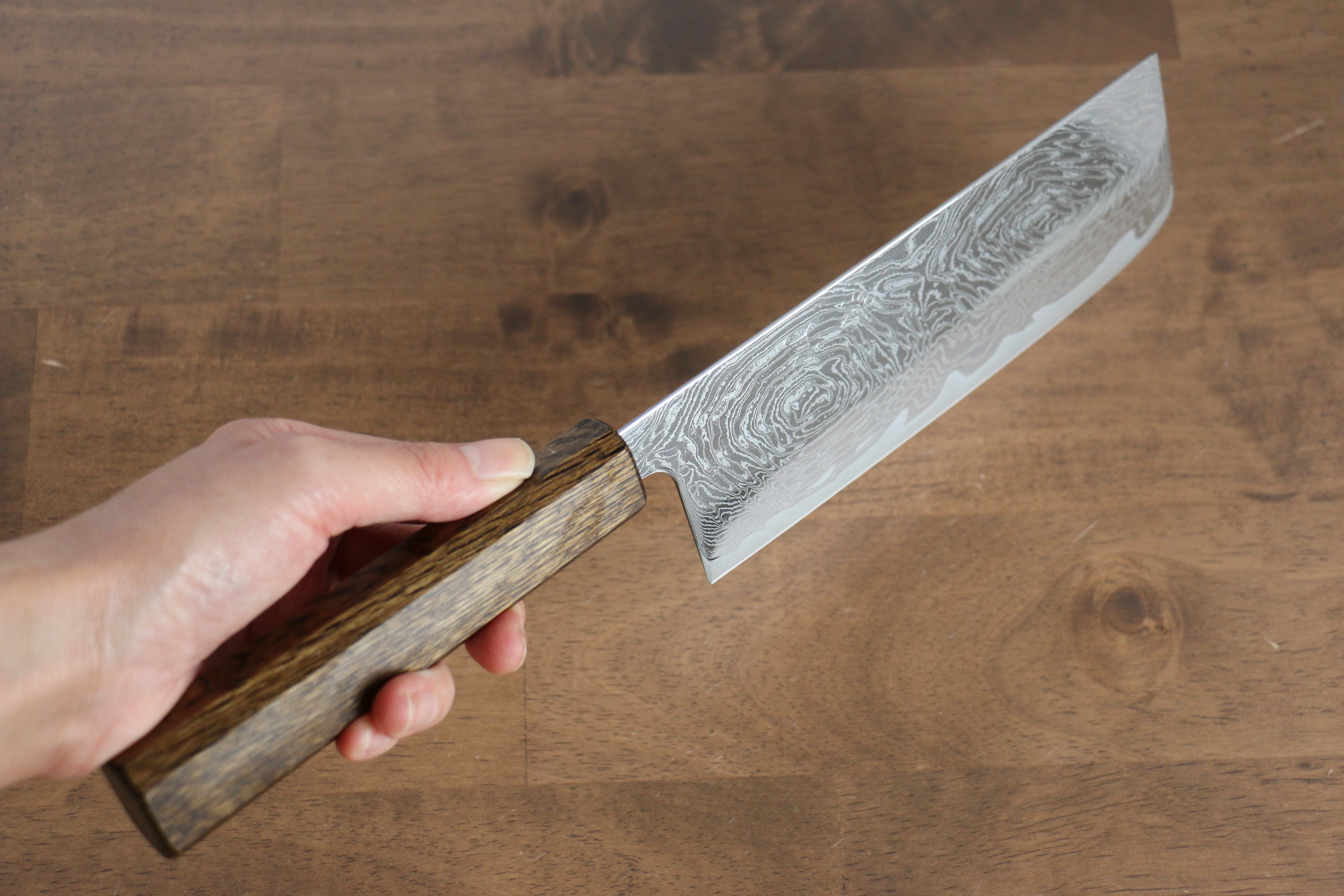 Seisuke Nami AUS10 Mirrored Finish Damascus Nakiri 170mm Oak Handle - Seisuke Knife