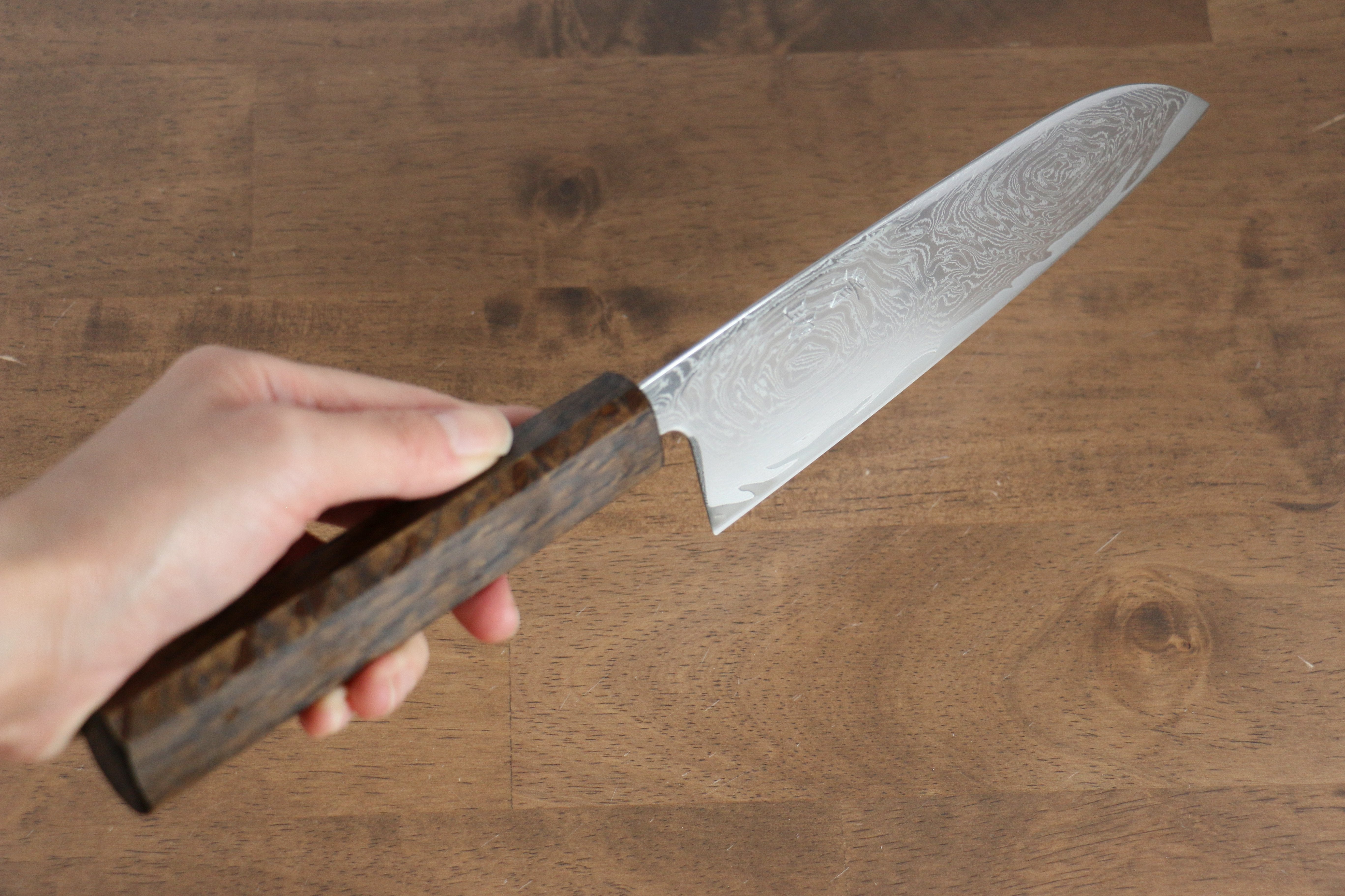 Seisuke Nami AUS10 Mirrored Finish Damascus Santoku 165mm Oak Handle - Seisuke Knife