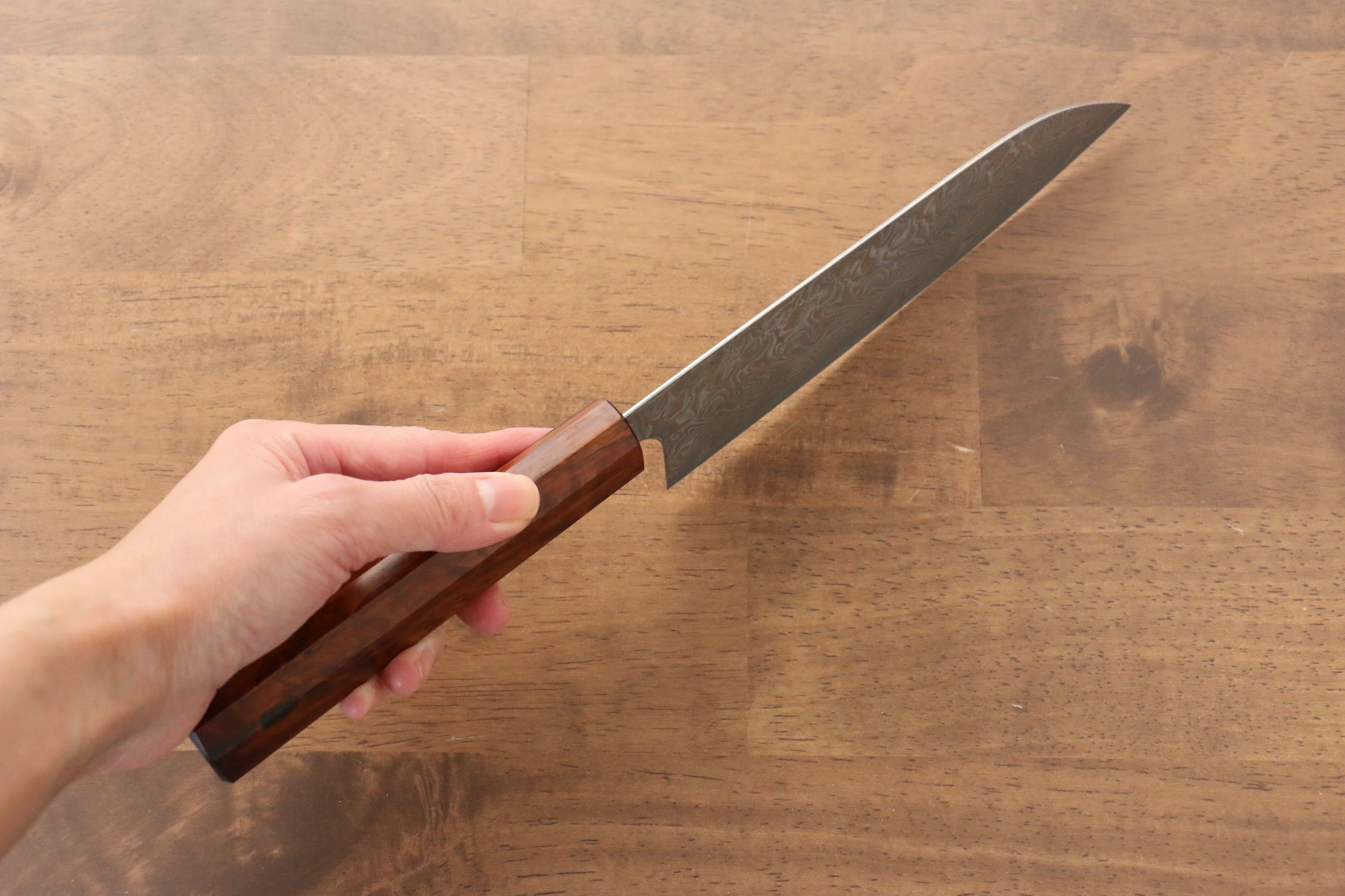 Yoshimi Kato SG2 Damascus Santoku 180mm with Lacquered Sugi Cedar Wood Handle - Seisuke Knife