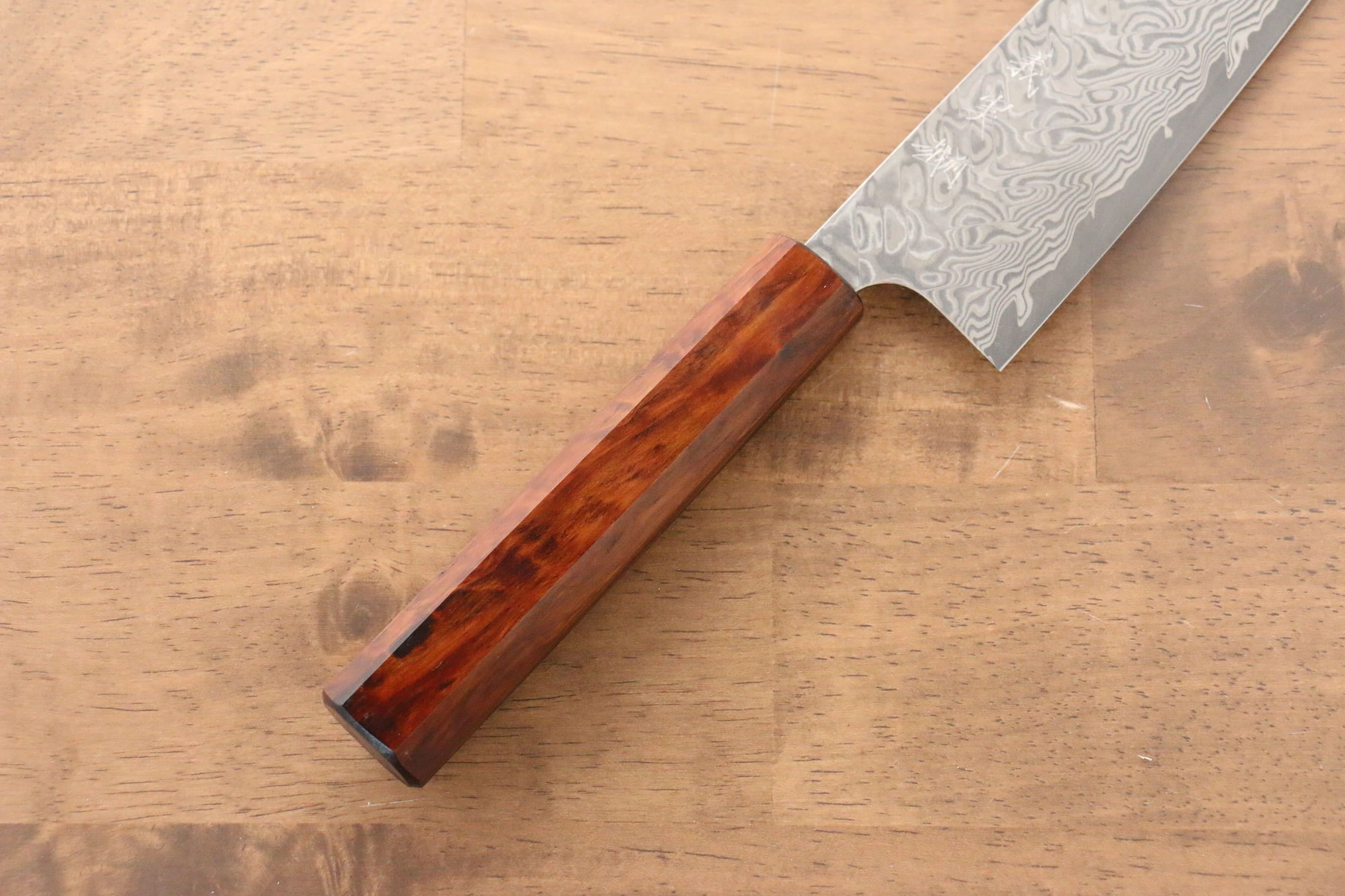 Yoshimi Kato SG2 Damascus Santoku 180mm with Lacquered Sugi Cedar Wood Handle - Seisuke Knife