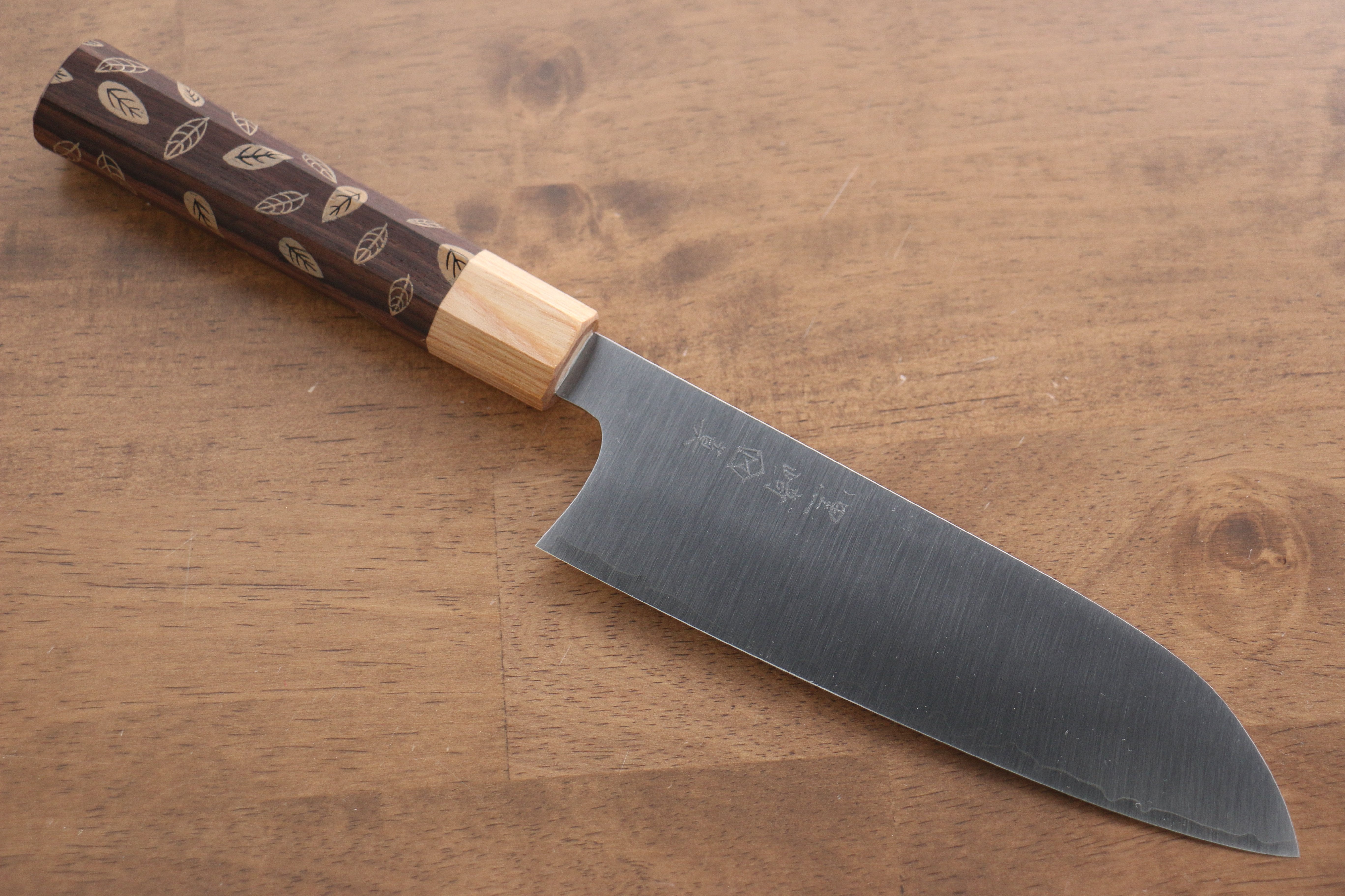 Makoto Kurosaki SG2 Migaki Finished Santoku 170mm with Leaf Pattern Shitan Handle Ferrule - Seisuke Knife