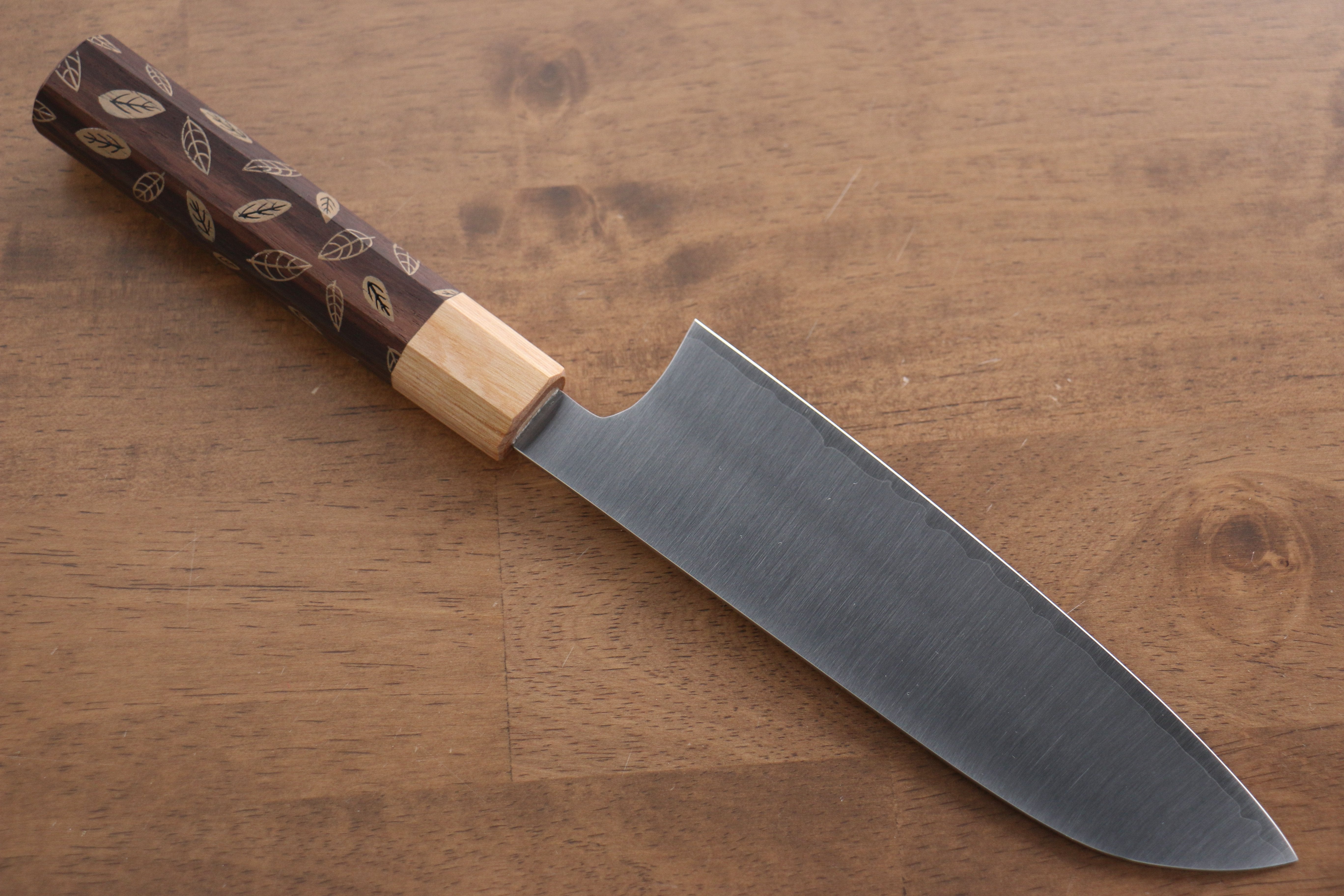 Makoto Kurosaki SG2 Migaki Finished Santoku 170mm with Leaf Pattern Shitan Handle Ferrule - Seisuke Knife