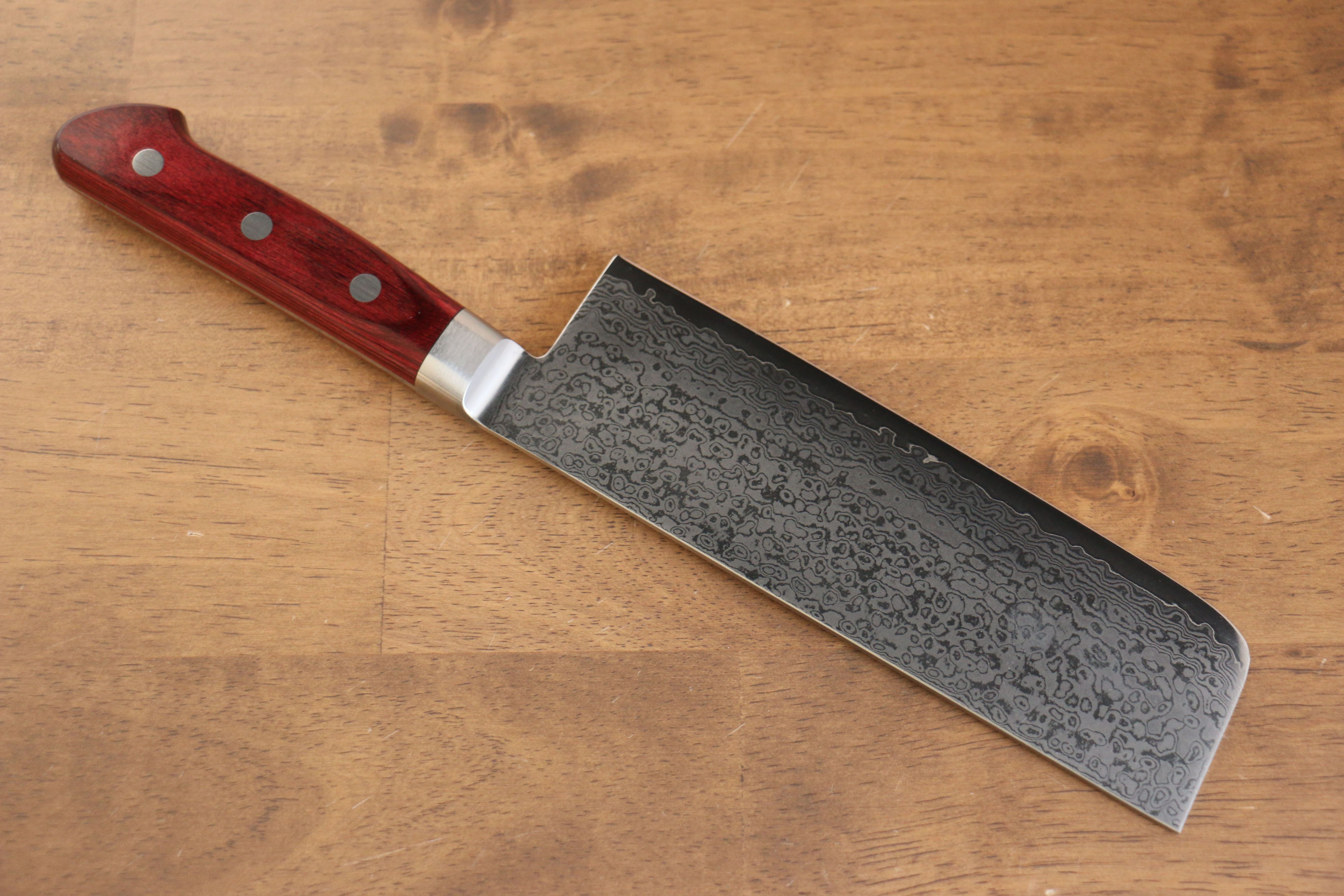 Seisuke VG10 33 Layer Mirrored Finish Damascus Nakiri 165mm Red Pakka wood Handle - Seisuke Knife