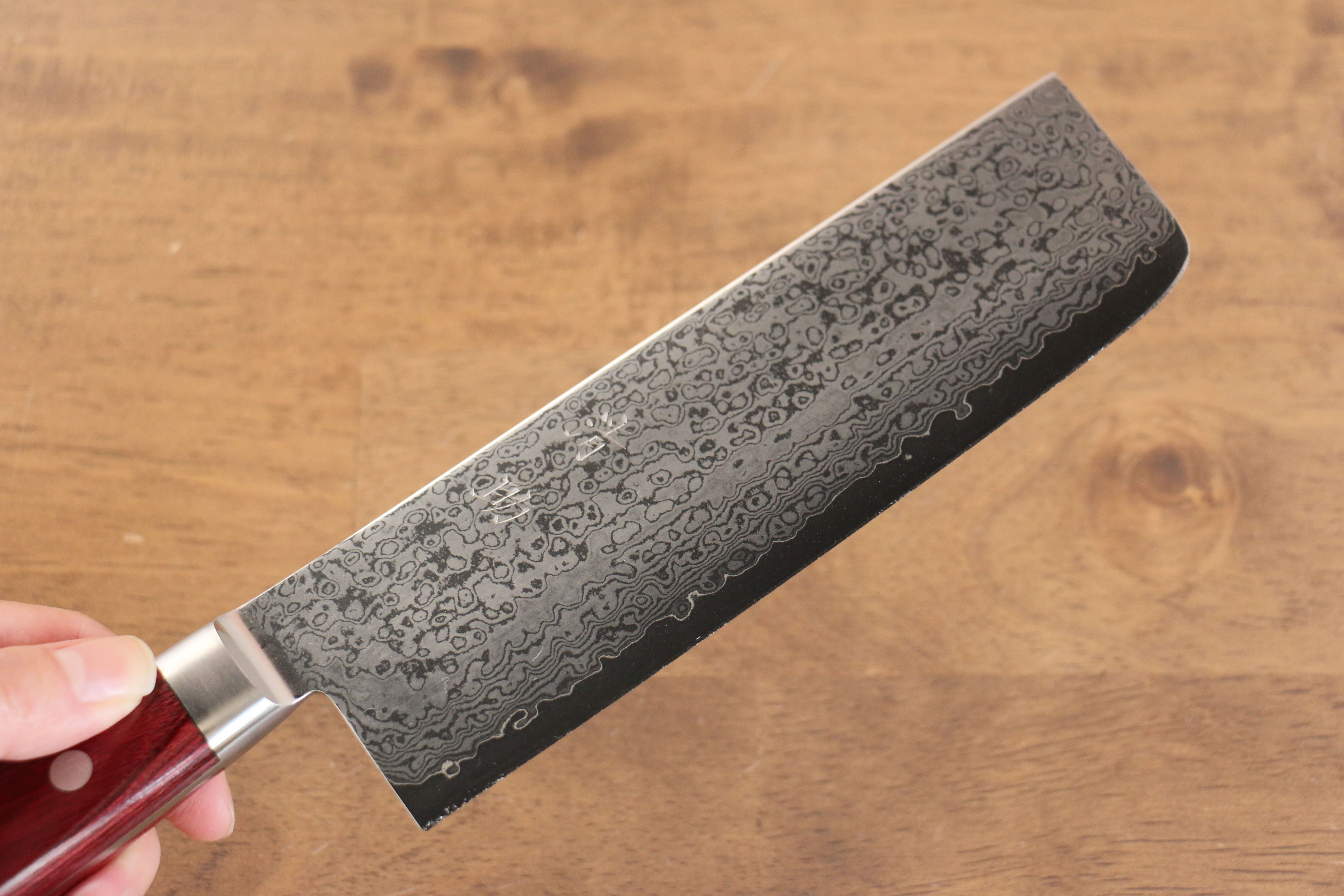 Seisuke VG10 33 Layer Mirrored Finish Damascus Nakiri 165mm Red Pakka wood Handle - Seisuke Knife