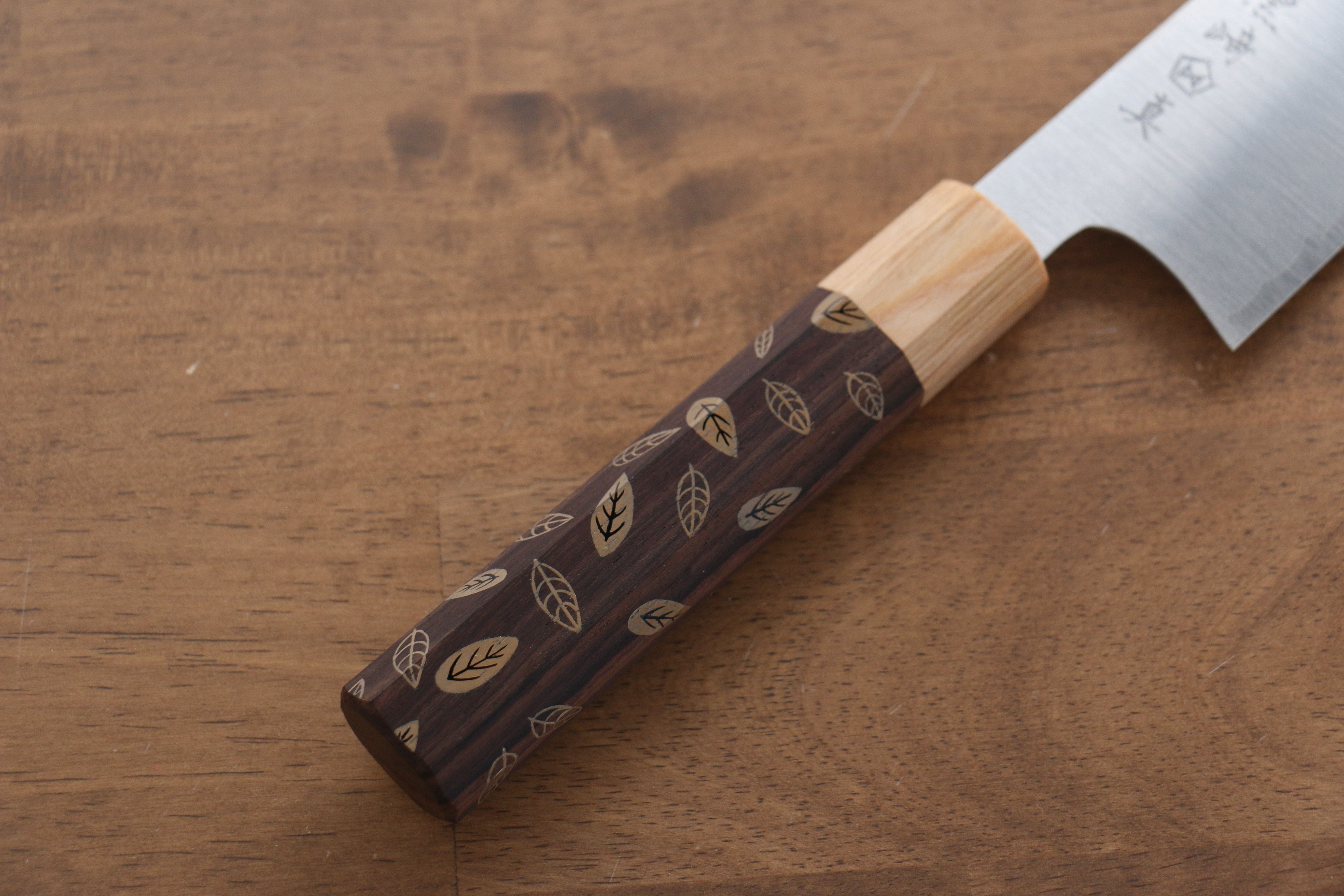 Makoto Kurosaki SG2 Migaki Finished Santoku 170mm with Leaf Pattern Shitan Handle Ferrule - Seisuke Knife
