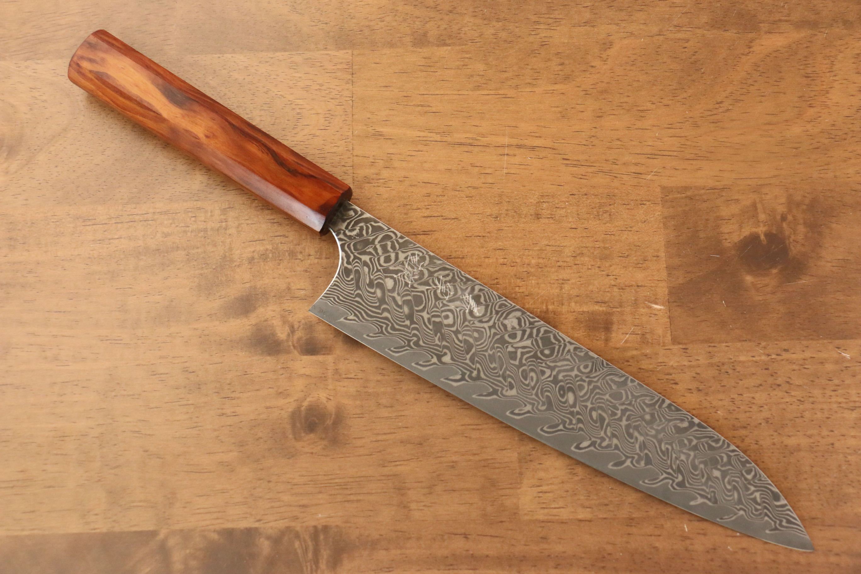 Yoshimi Kato SG2 Damascus Gyuto 210mm Lacquered Sugi Cedar Wood Handle - Seisuke Knife