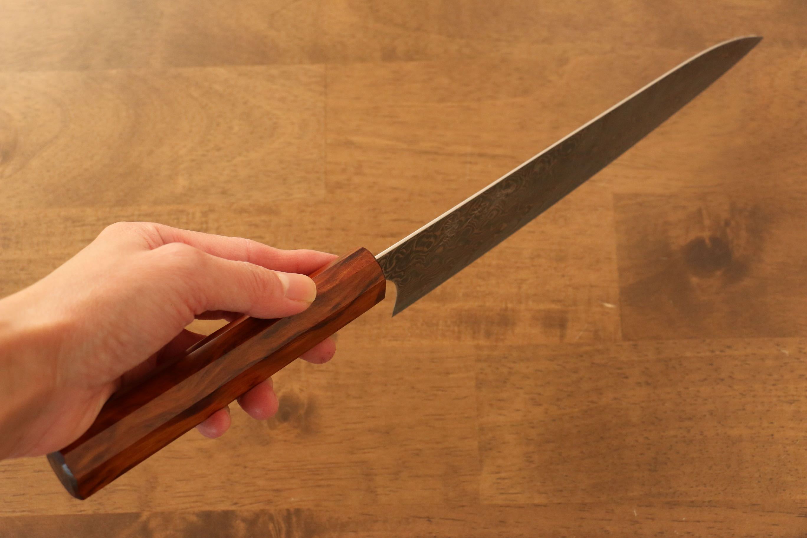 Yoshimi Kato SG2 Damascus Gyuto 210mm Lacquered Sugi Cedar Wood Handle - Seisuke Knife