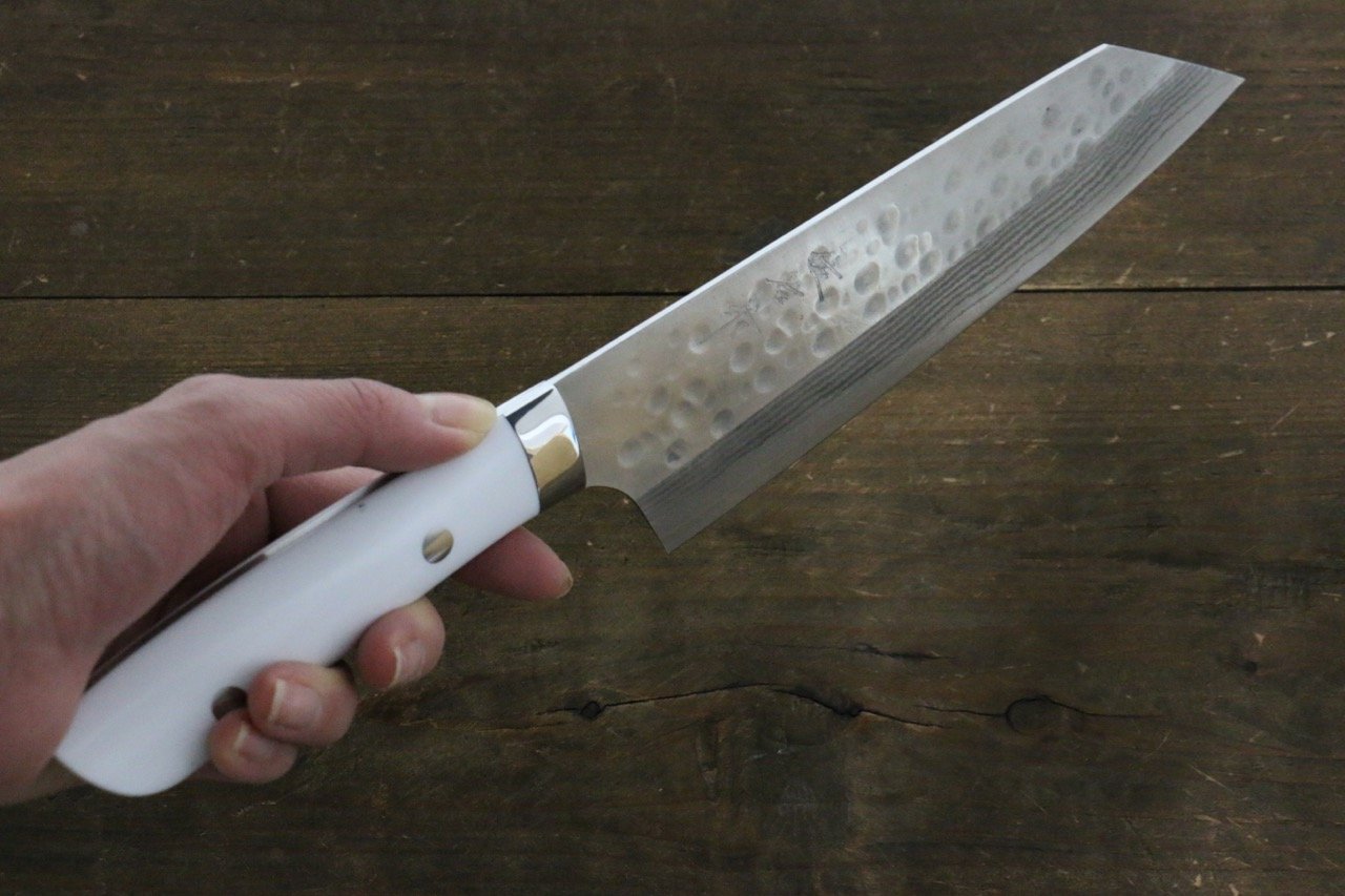 Takeshi Saji SRS13 Hammered Damascus Bunka 180mm with White Stone Handle - Seisuke Knife