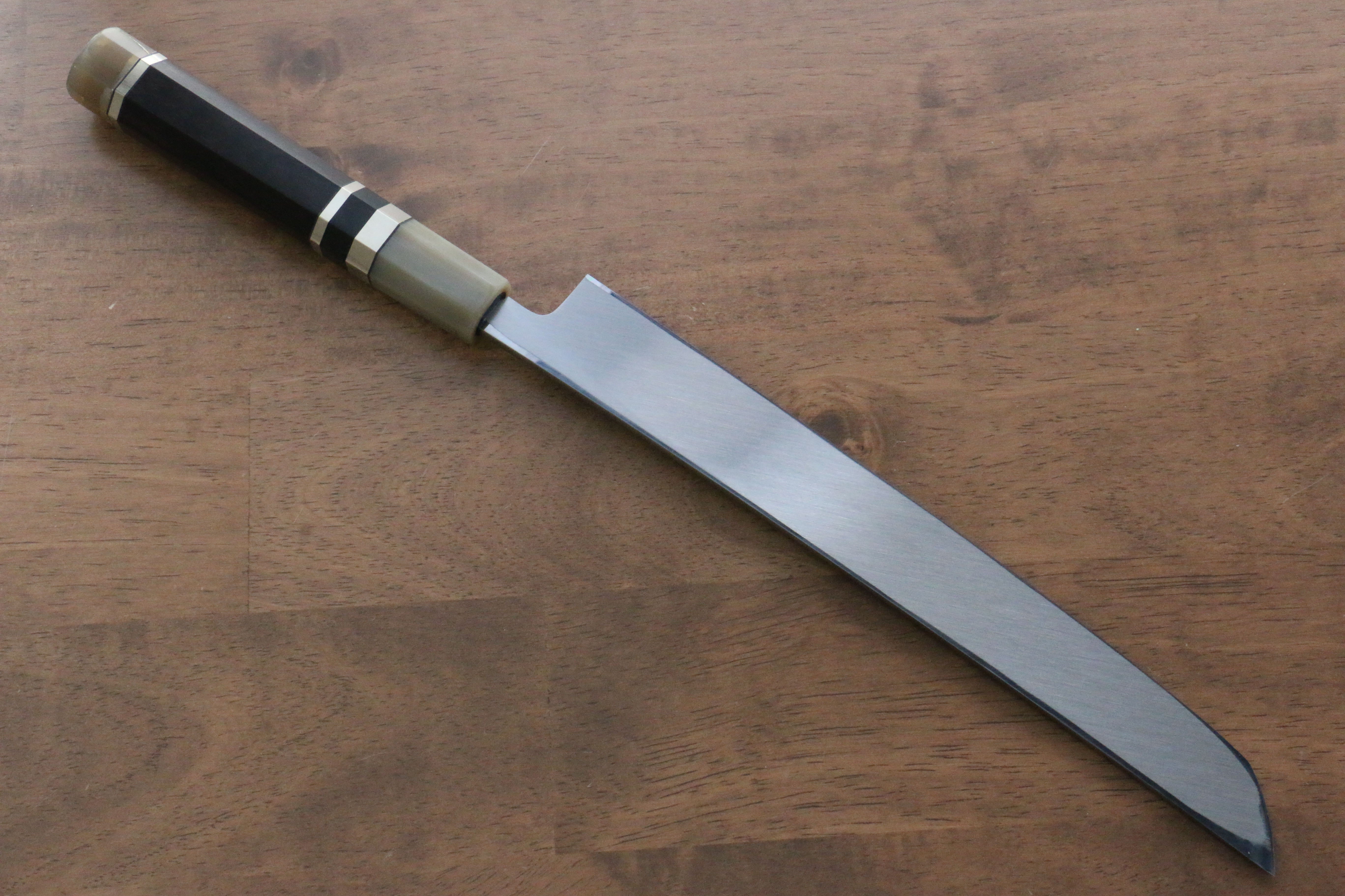 Jikko Shiko White Steel Sakimaru Yanagiba 240mm Ebony with Double Ring Handle - Seisuke Knife