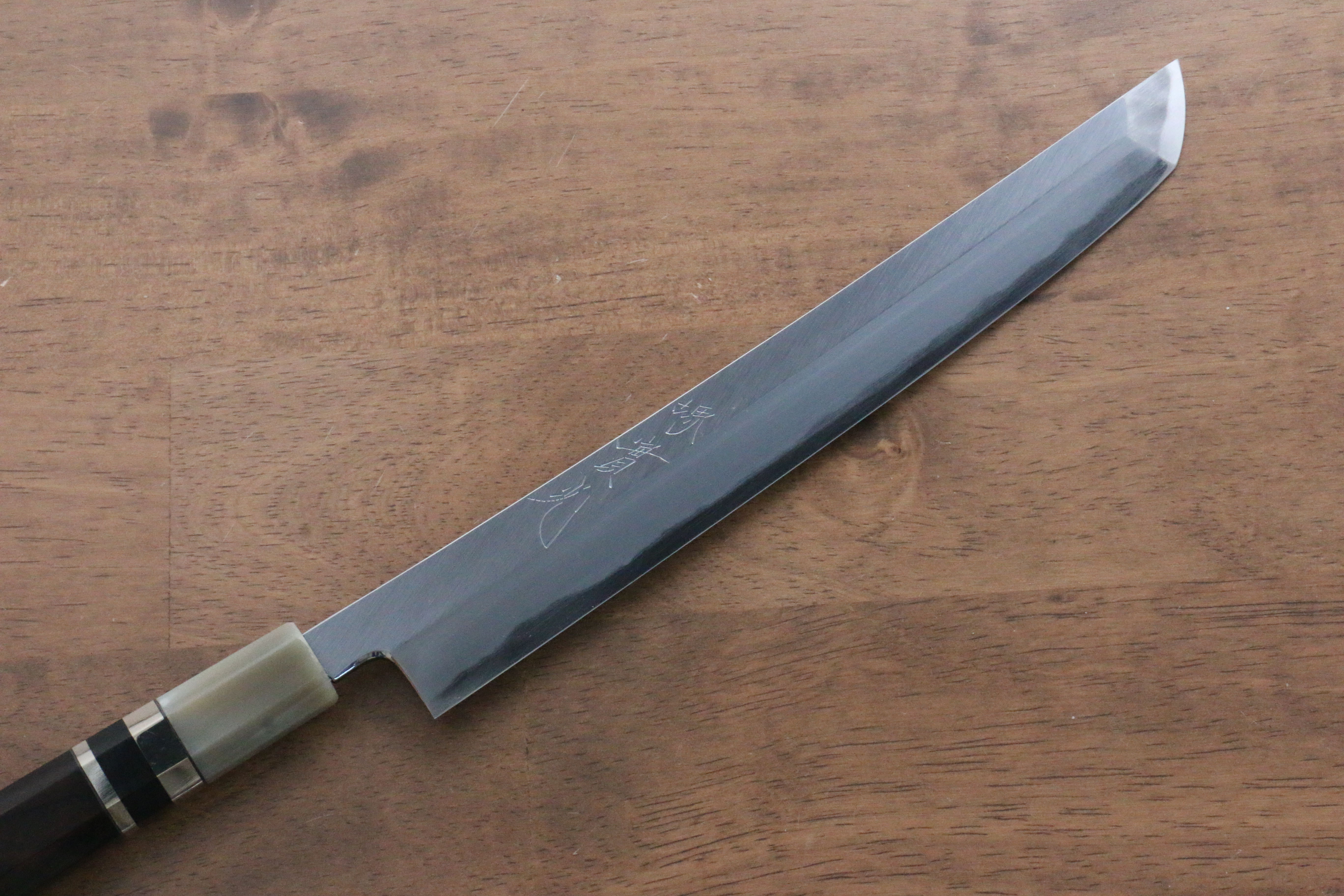 Jikko Shiko White Steel Sakimaru Yanagiba 240mm Ebony with Double Ring Handle - Seisuke Knife