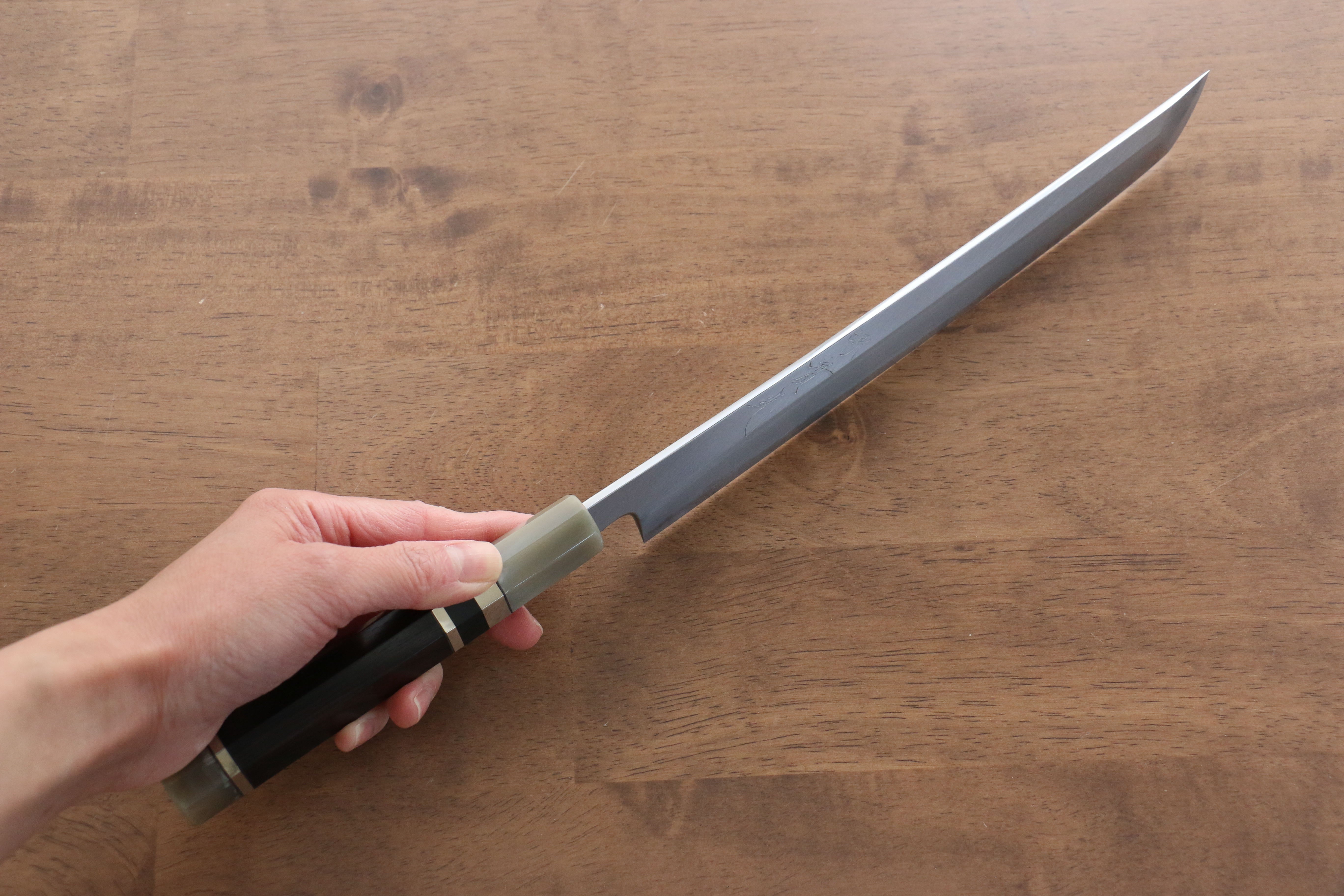 Jikko Shiko White Steel Sakimaru Yanagiba 240mm Ebony with Double Ring Handle - Seisuke Knife