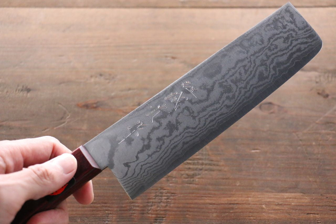 Shigeki Tanaka VG10 17 Layer Damascus Nakiri 160mm Red Pakka wood Handle - Seisuke Knife