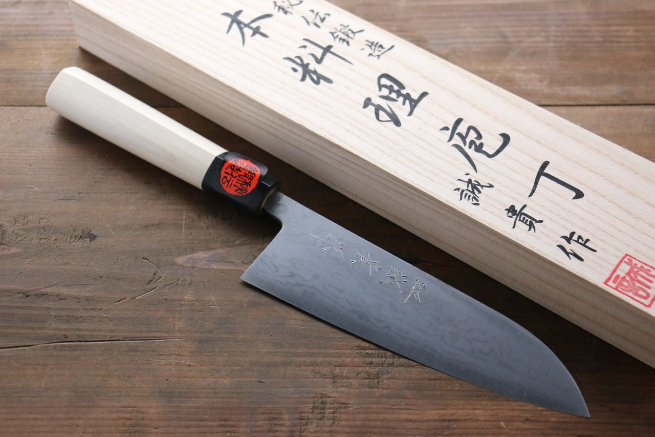 Shigeki Tanaka Blue Steel No.2 17 Layer Damascus Japanese Santoku Knife 165mm Magnolia & Water Buffalo Horn Handle - Seisuke Knife