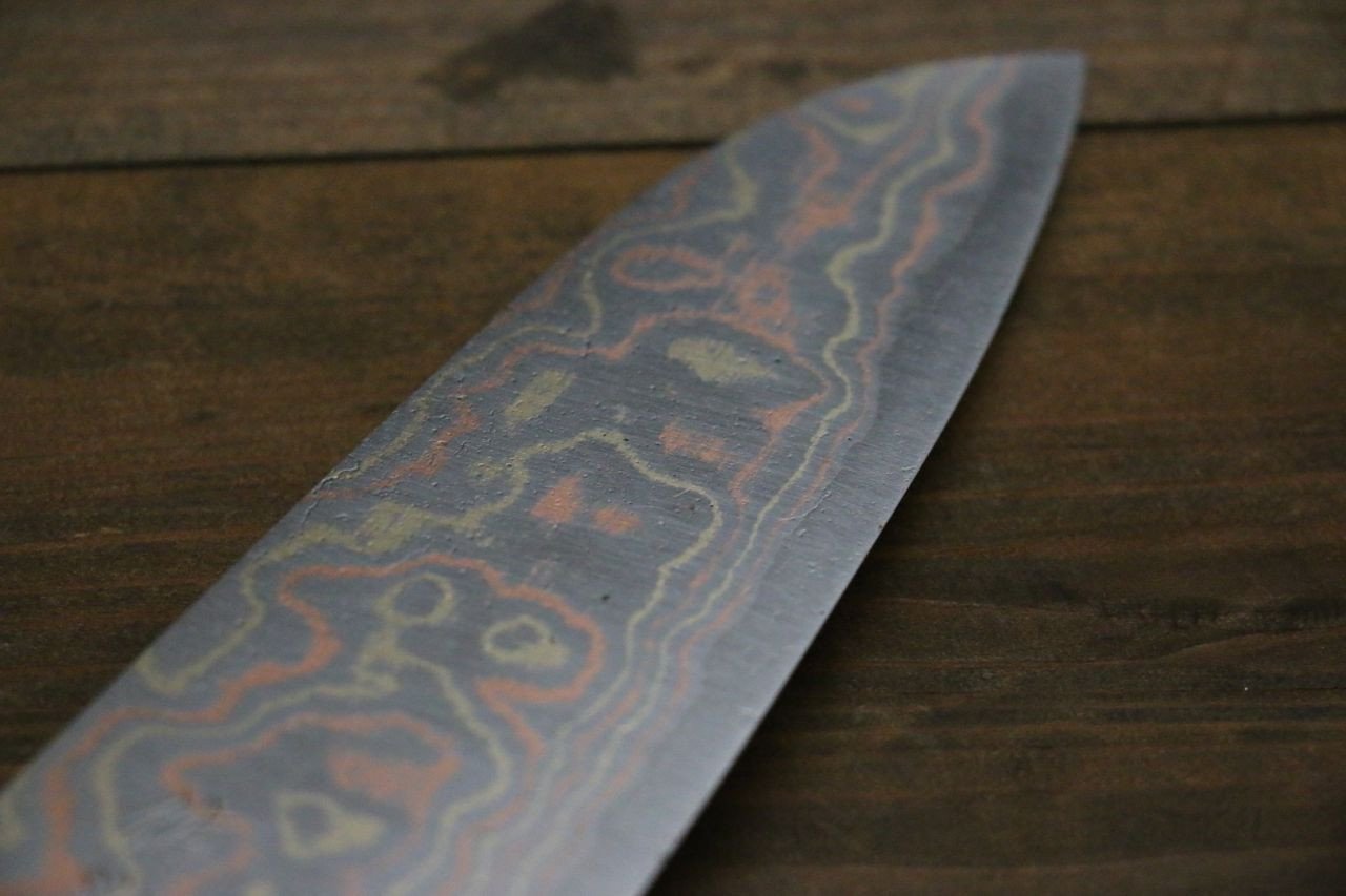Takeshi Saji Maki-e Art Blue Steel No.2 Colored Damascus Maki-e Art Fujisan Santoku 180mm Lacquered Handle - Seisuke Knife