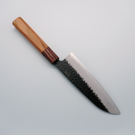 Sakai Takayuki Blue Super Hammered Black Finished Santoku 165mm Keyaki Elm Handle - Seisuke Knife