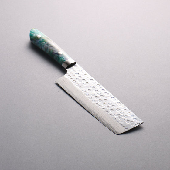 Takeshi Saji SRS13 Hammered(Maru) Damascus Nakiri  165mm White Green Gray Acrylic Handle - Seisuke Knife