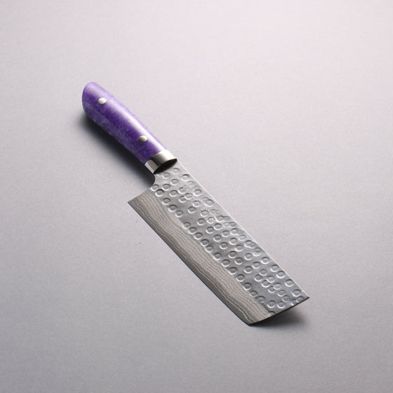 Takeshi Saji SRS13 Hammered(Maru) Damascus Nakiri  165mm Purple and White Marble Acrylic Handle - Seisuke Knife