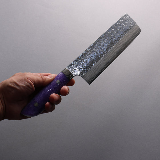 Takeshi Saji SRS13 Hammered(Maru) Damascus Nakiri  165mm Purple and White Marble Acrylic Handle - Seisuke Knife