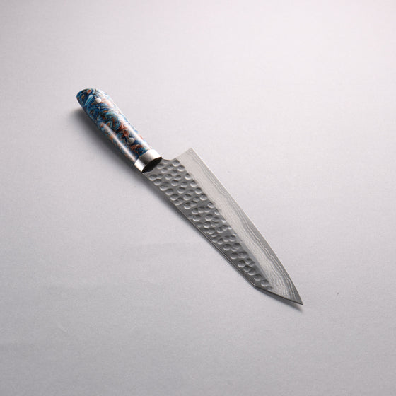 Takeshi Saji SRS13 Hammered(Maru) Damascus Kiritsuke Gyuto  210mm White Blue Brown Acrylic Handle - Seisuke Knife