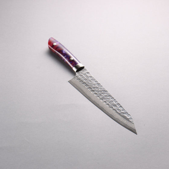 Takeshi Saji SRS13 Hammered(Maru) Damascus Kiritsuke Gyuto  210mm Purple Red White Acrylic Handle - Seisuke Knife