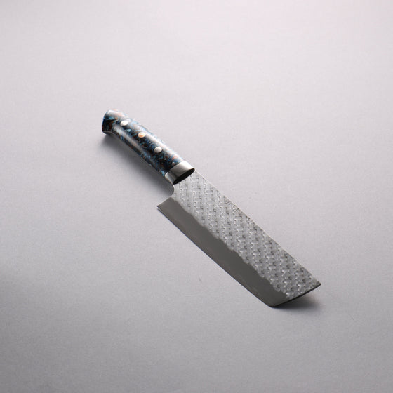 Takeshi Saji SPG STRIX Hammered Migaki Finished Nakiri  165mm White Blue Brown Acrylic Handle - Seisuke Knife