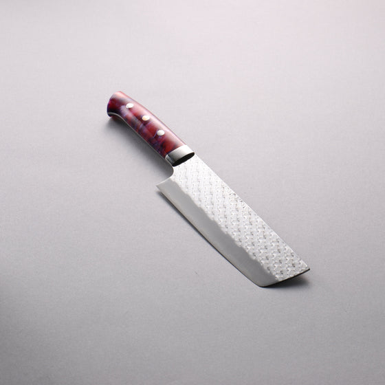 Takeshi Saji SPG STRIX Hammered Migaki Finished Nakiri  165mm Purple Red White Acrylic Handle - Seisuke Knife