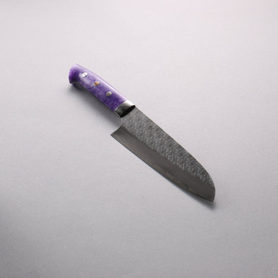 Takeshi Saji SPG STRIX Hammered Migaki Finished Santoku  180mm Purple and White Marble Acrylic Handle - Seisuke Knife