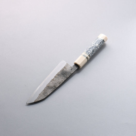 Daisuke Nishida White Steel No.1 Hammered Santoku  165mm White turquoise with Silver Rings and Imitation Ivory Ferrule and End Cap Handle - Seisuke Knife