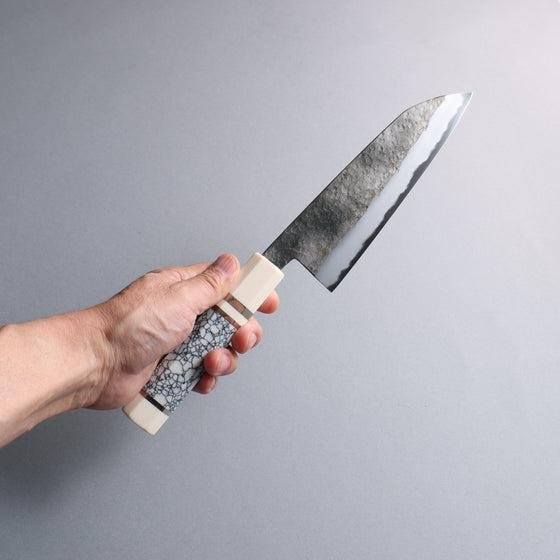 Daisuke Nishida White Steel No.1 Hammered Santoku  165mm White turquoise with Silver Rings and Imitation Ivory Ferrule and End Cap Handle - Seisuke Knife