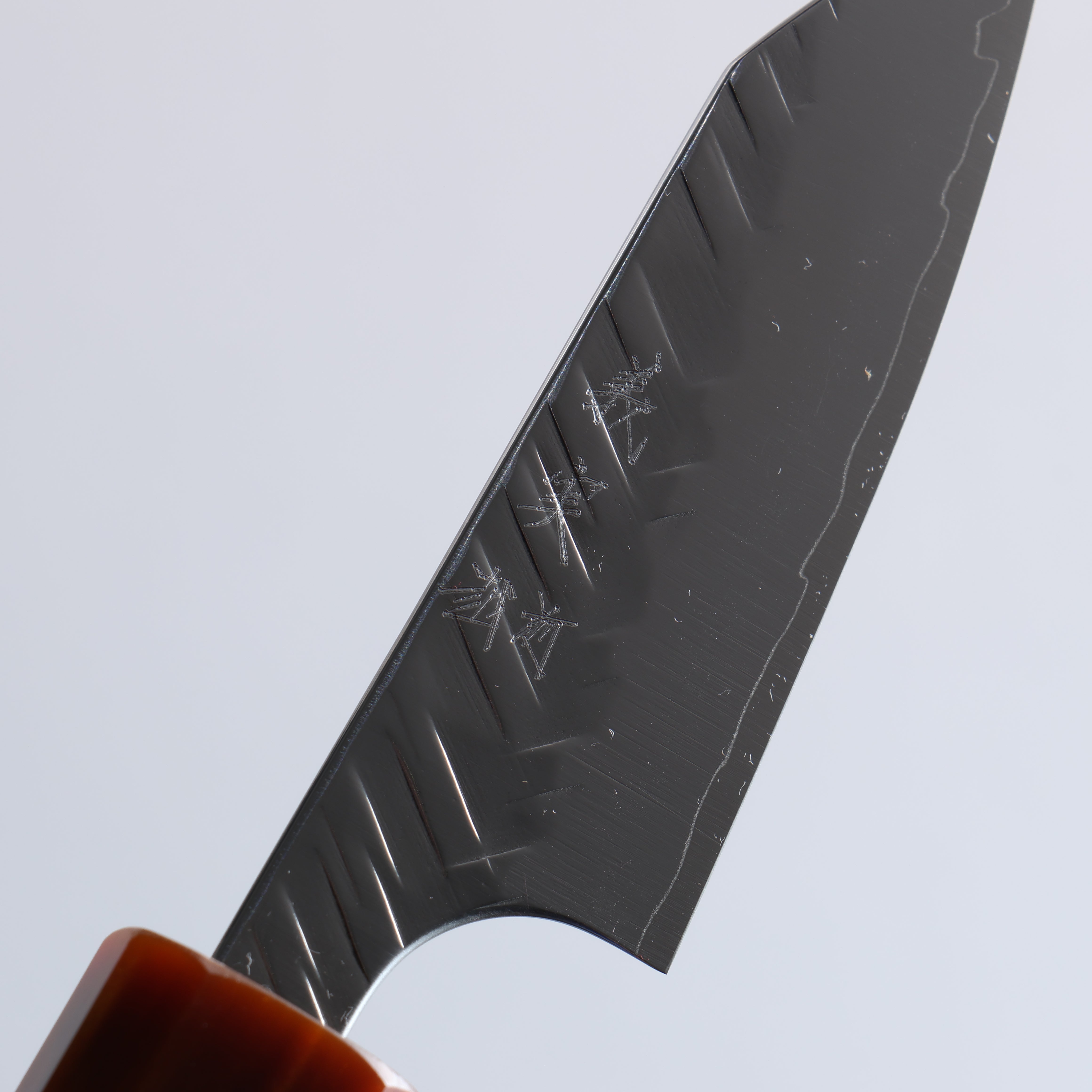 Yoshimi Kato SPG STRIX V-Hammered Kiritsuke Paring 80mm Ebony Wood & Orange Resin Handle - Seisuke Knife