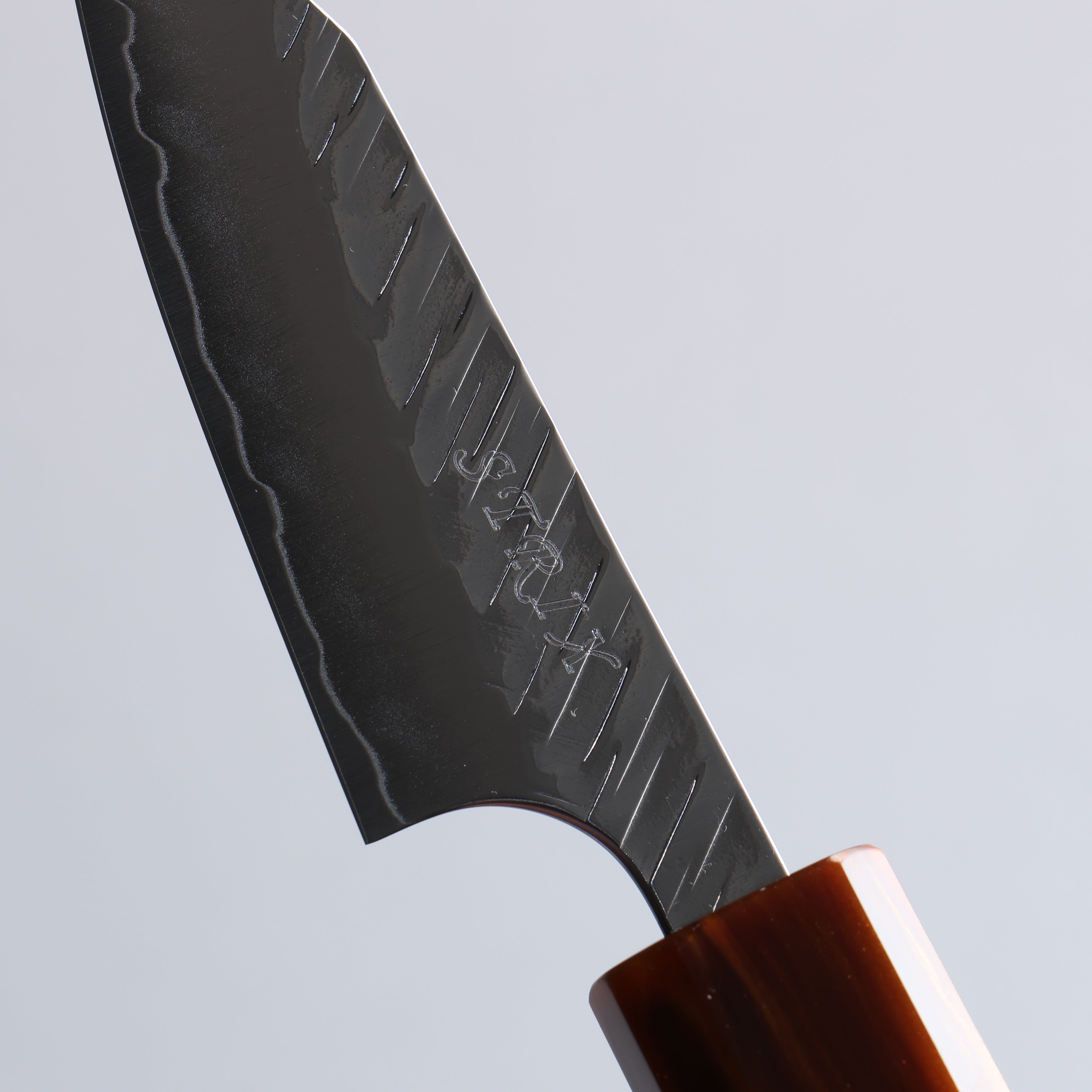 Yoshimi Kato SPG STRIX V-Hammered Kiritsuke Paring 80mm Ebony Wood & Orange Resin Handle - Seisuke Knife
