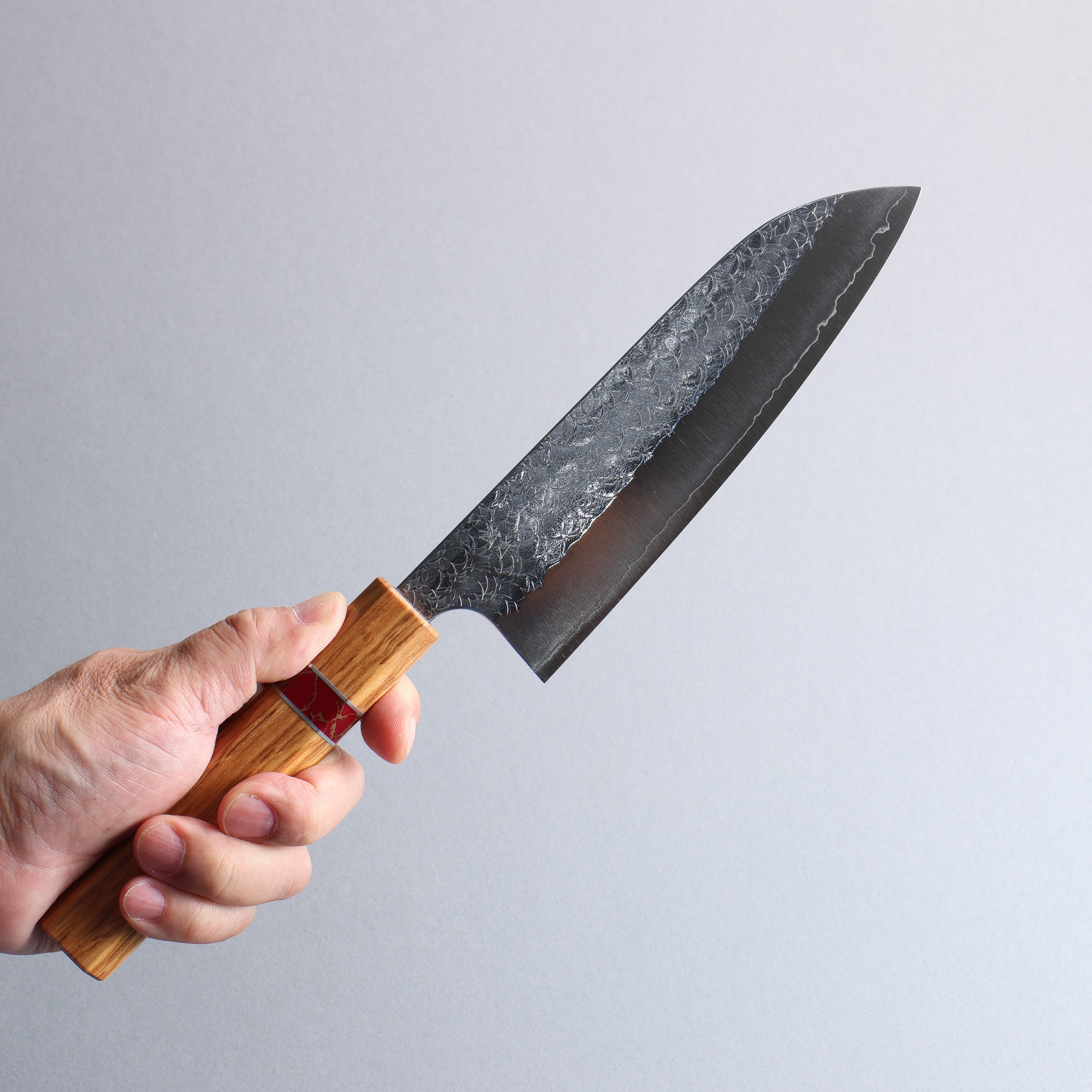 Yoshimi Kato Minamo SG2 Hammered Santoku  170mm Olive (Red Turquoise Ring) Handle - Seisuke Knife