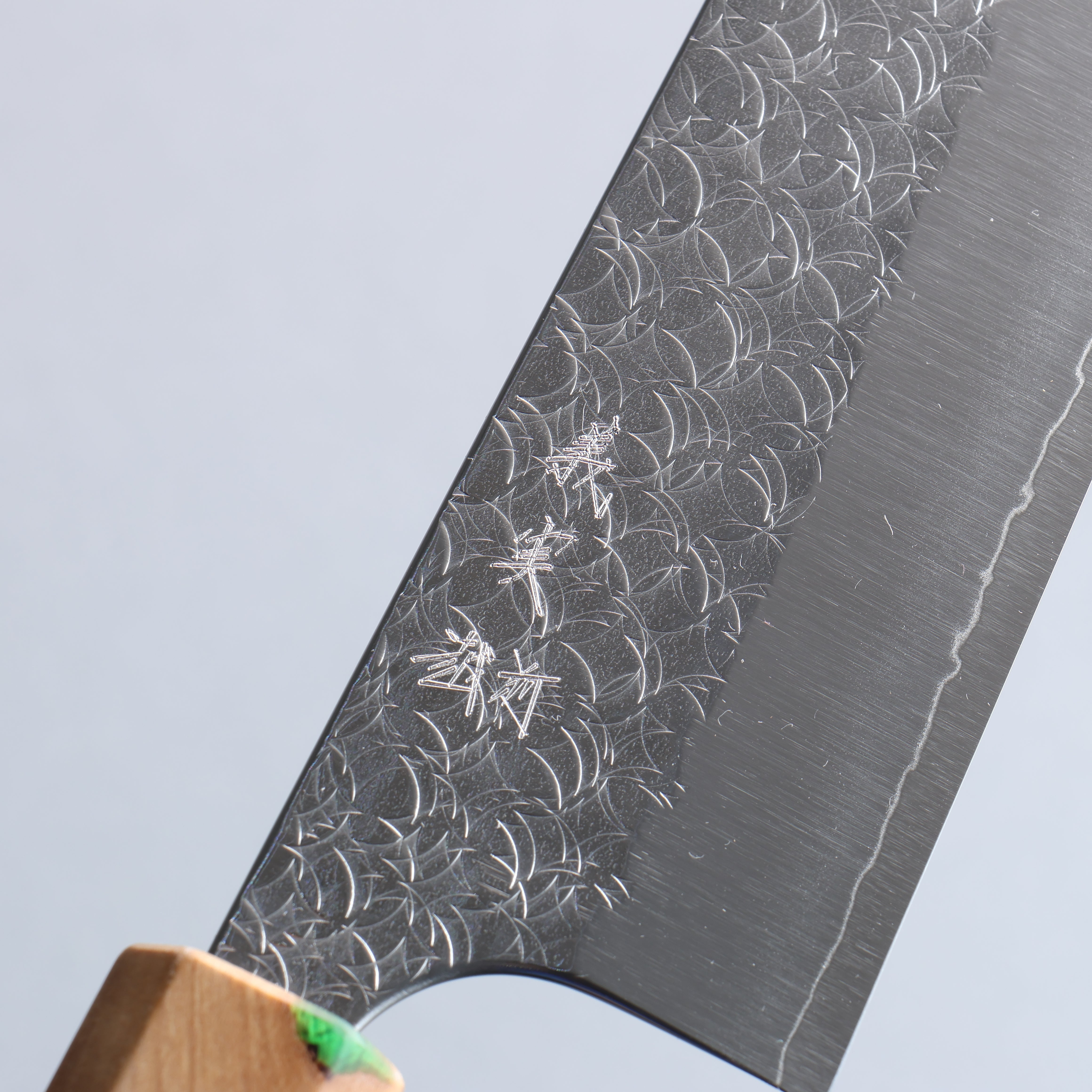 Yoshimi Kato Minamo SG2 Hammered Kiritsuke Gyuto  210mm Olive Tree and Green Resin Handle - Seisuke Knife