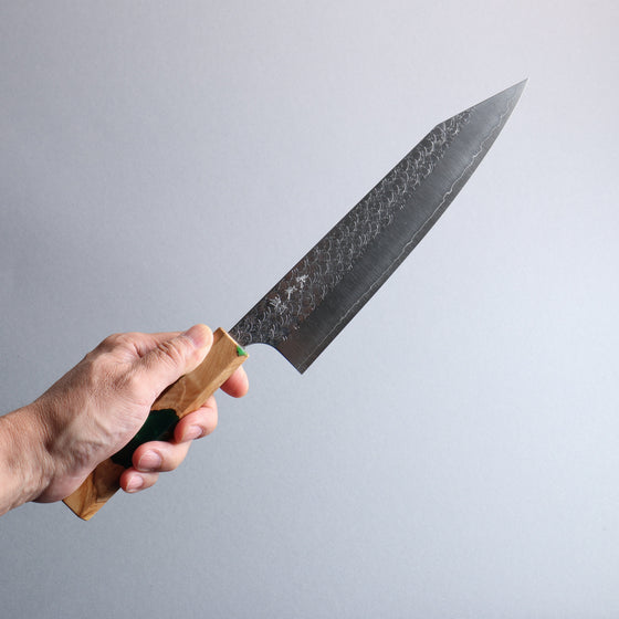 Yoshimi Kato Minamo SG2 Hammered Kiritsuke Gyuto  210mm Olive Tree and Green Resin Handle - Seisuke Knife