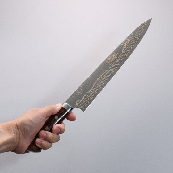 Takeshi Saji VG10w Colored Damascus Black Finished Sujihiki  270mm Ironwood Handle - Seisuke Knife