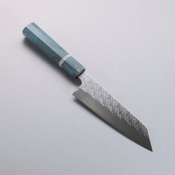 Takeshi Saji SPG STRIX Hammered Migaki Finished Bunka  165mm Blue Stabilized Wood (with White and Black Ring) Handle - Seisuke Knife