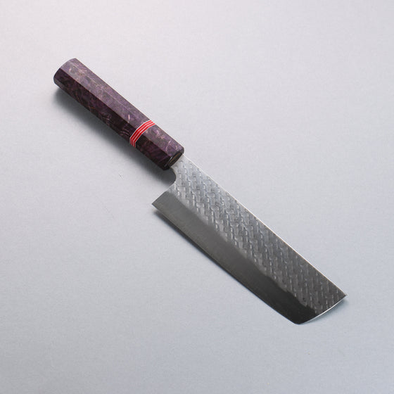 Takeshi Saji SPG STRIX Hammered Migaki Finished Nakiri  165mm Purple Stabilized Wood (with Red and White Ring) Handle - Seisuke Knife