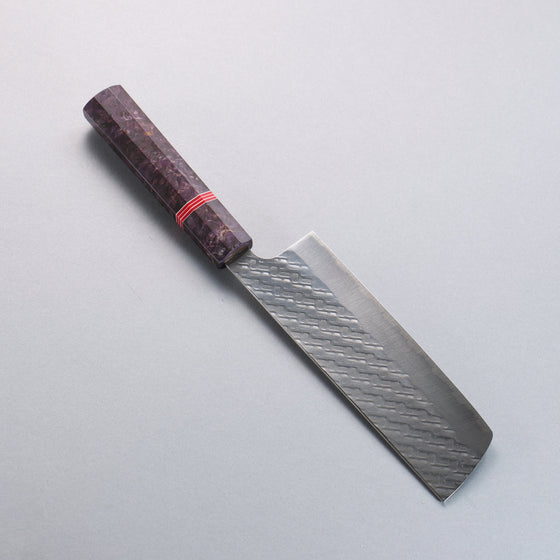 Takeshi Saji SPG STRIX Hammered Migaki Finished Nakiri  165mm Purple Stabilized Wood (with Red and White Ring) Handle - Seisuke Knife