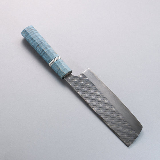 Takeshi Saji SPG STRIX Hammered Migaki Finished Nakiri  165mm Blue Stabilized Wood (with White and Black Ring) Handle - Seisuke Knife