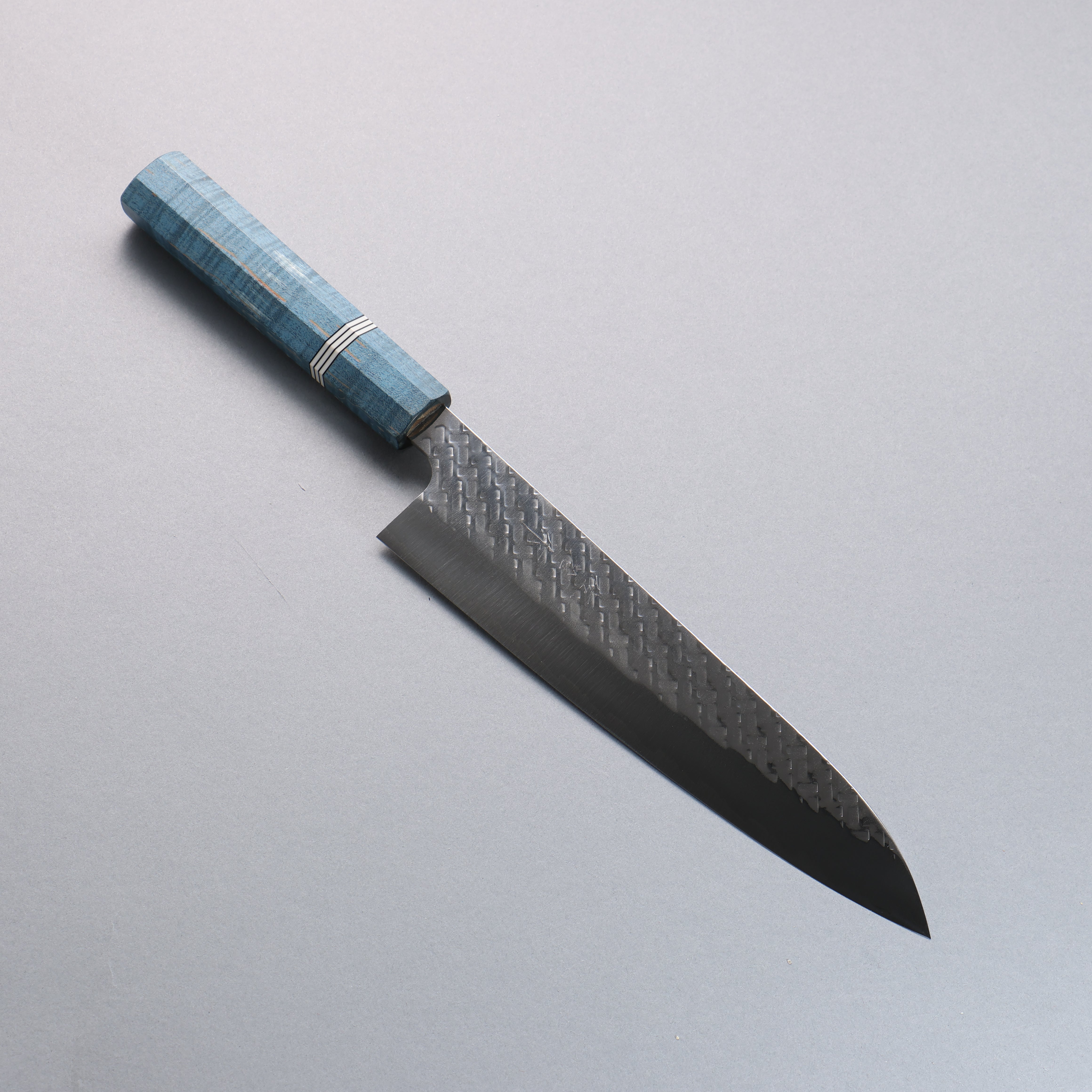 Takeshi Saji SPG STRIX Hammered Migaki Finished Gyuto  210mm Blue Stabilized Wood (with White and Black Ring) Handle - Seisuke Knife