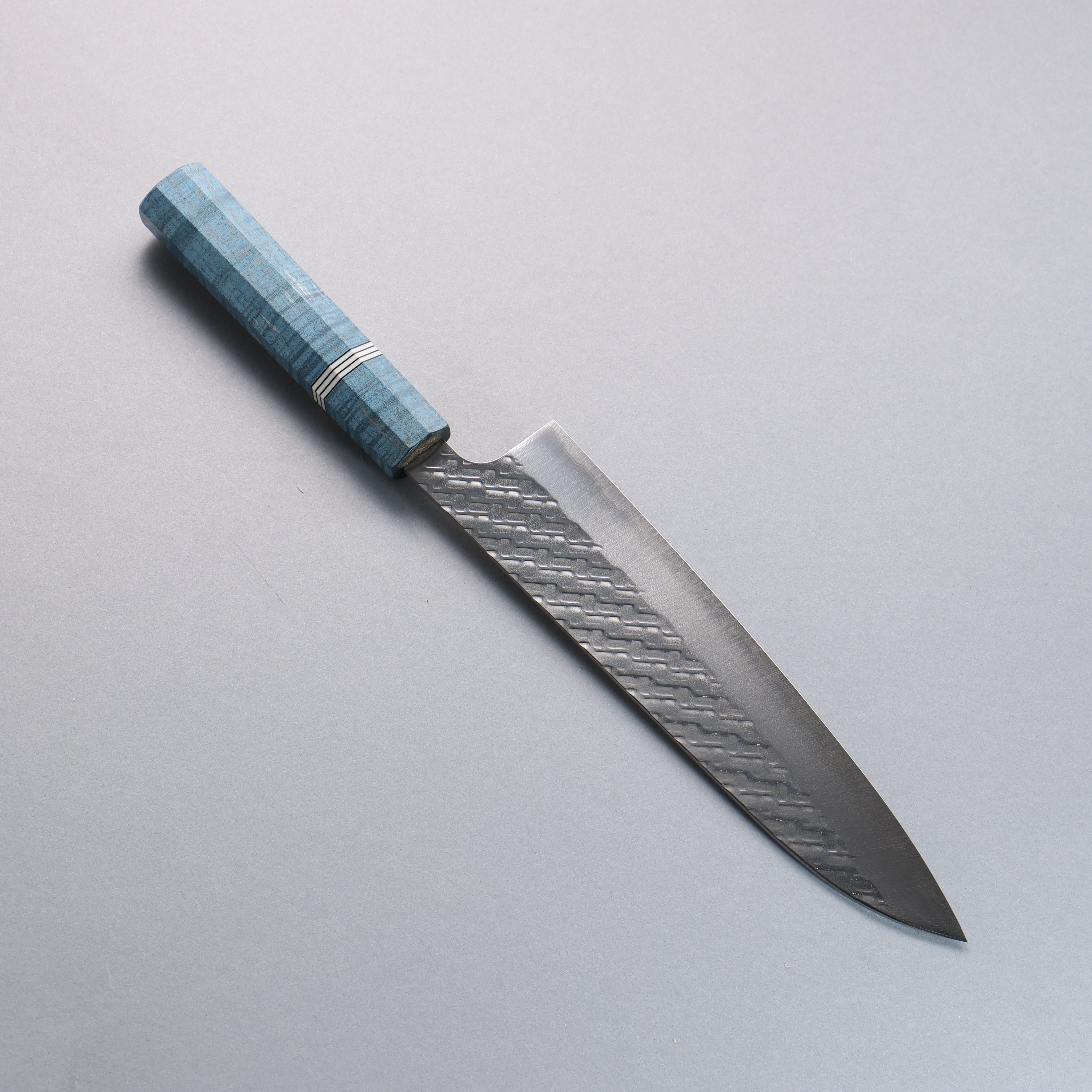 Takeshi Saji SPG STRIX Hammered Migaki Finished Gyuto  210mm Blue Stabilized Wood (with White and Black Ring) Handle - Seisuke Knife